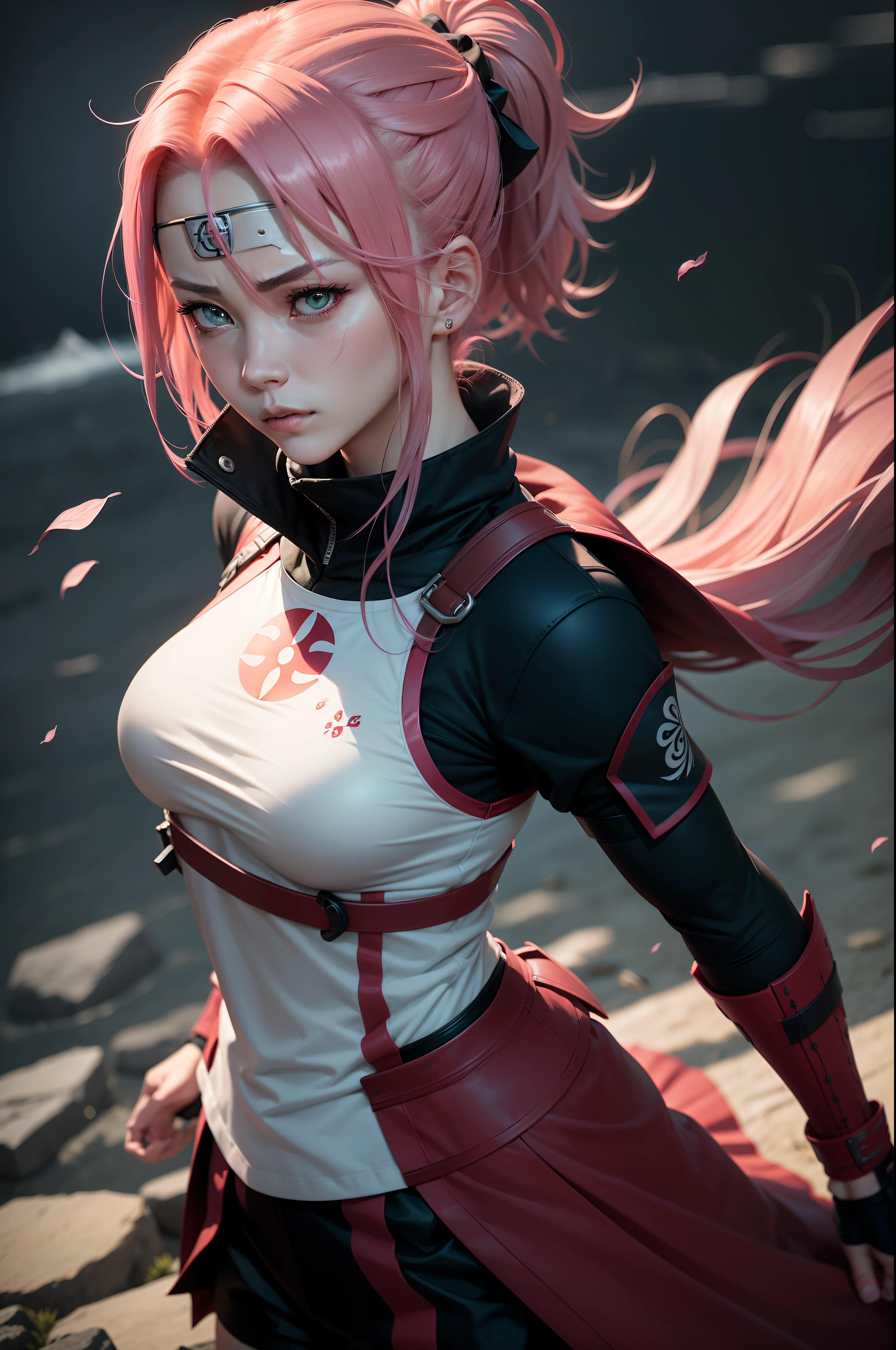 Sakura Haruno, a determined and compassionate ninja of Konoha village, stands in her recognizable red outfit, symbolizing her fiery spirit. Her green eyes gleam with intelligence, and her pink hair flows like a battle flag."
[3] with "The background is a void of pure black, a stark contrast that emphasizes Sakura's presence, as though she's standing on the precipice of an abyss, highlighting the isolation of her warrior's path."
[4] with "The mood is intense and serious, reflecting Sakura's determination and willpower. It evokes a sense of inner strength and focus."
[5] with "The atmosphere is heavy and mysterious, filled with anticipation. The stark contrast between Sakura and the black background creates a suspenseful and dramatic tone."