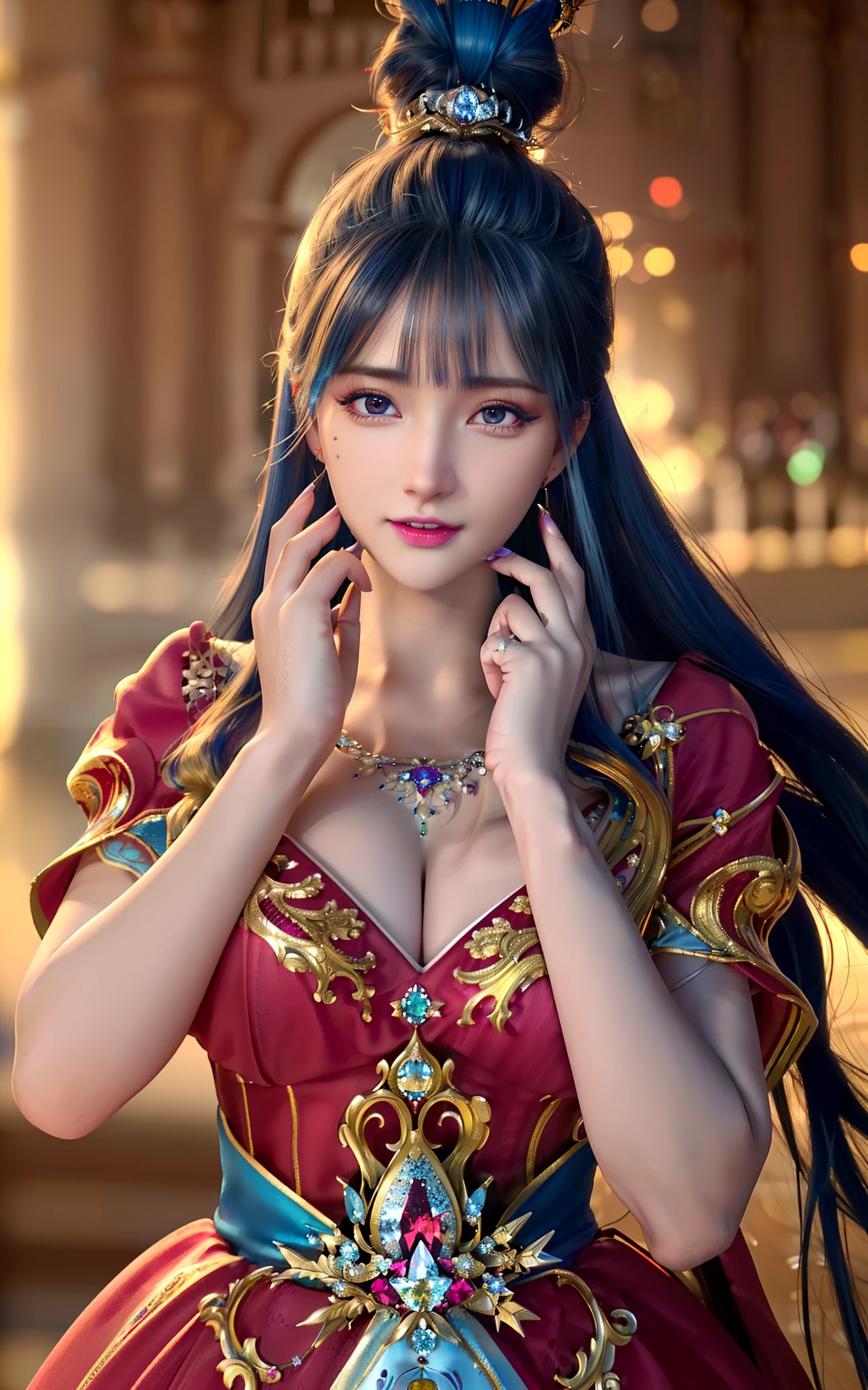 ((realisticity: 1.2)), ((realistic: 8K UHD)), ((best resolution: 8K UHD)), hyper detailed, best quality,masterpiece,highres,cg, ((1 girl hyper detailed and hyper realistic) ) , ((beautiful queen, hyper realistic and hyper detailed)),((white skin, beautiful, smooth, youthful, hyper realistic and hyper detailed )), ((Face hyper beautiful, white, hyper realistic and hyper detailed ) ), long hair, ((hyper realistic and hyper detailed dress)), solo, ((hyper realistic, hyper beautiful, beautiful and hyper detailed jewelry)), ((hyper beautiful deep red and golden yellow dress, hyper realistic and hyper detailed )) , ((Her pretty, hyper realistic, hyper detailed diamond filled earrings)), ((Her gorgeous diamond haircut, hyper realistic and hyper detailed)), ((hyper pretty upper body, hyper beautiful, hyper realistic and hyper detailed) ), ((medium breast: 1.5)), ((hyper realistic, hyper pretty, hyper detailed boobs)), ((the backgroun of the royal palace is hyper majestic, hyper realistic and hyper detailed)),((hands and palms hyper beautiful, hyper detailed, hyper realistic)), ((hyper detailed and hyper realistic fingers and fingernails)), ((hyper pretty, hyper pretty, hyper realistic and hyper detailed hair bun)), ((hyper pretty , hyper realistic and hyper detailed blue hair)), candid, Photo, high resolution, 8k , bokeh,