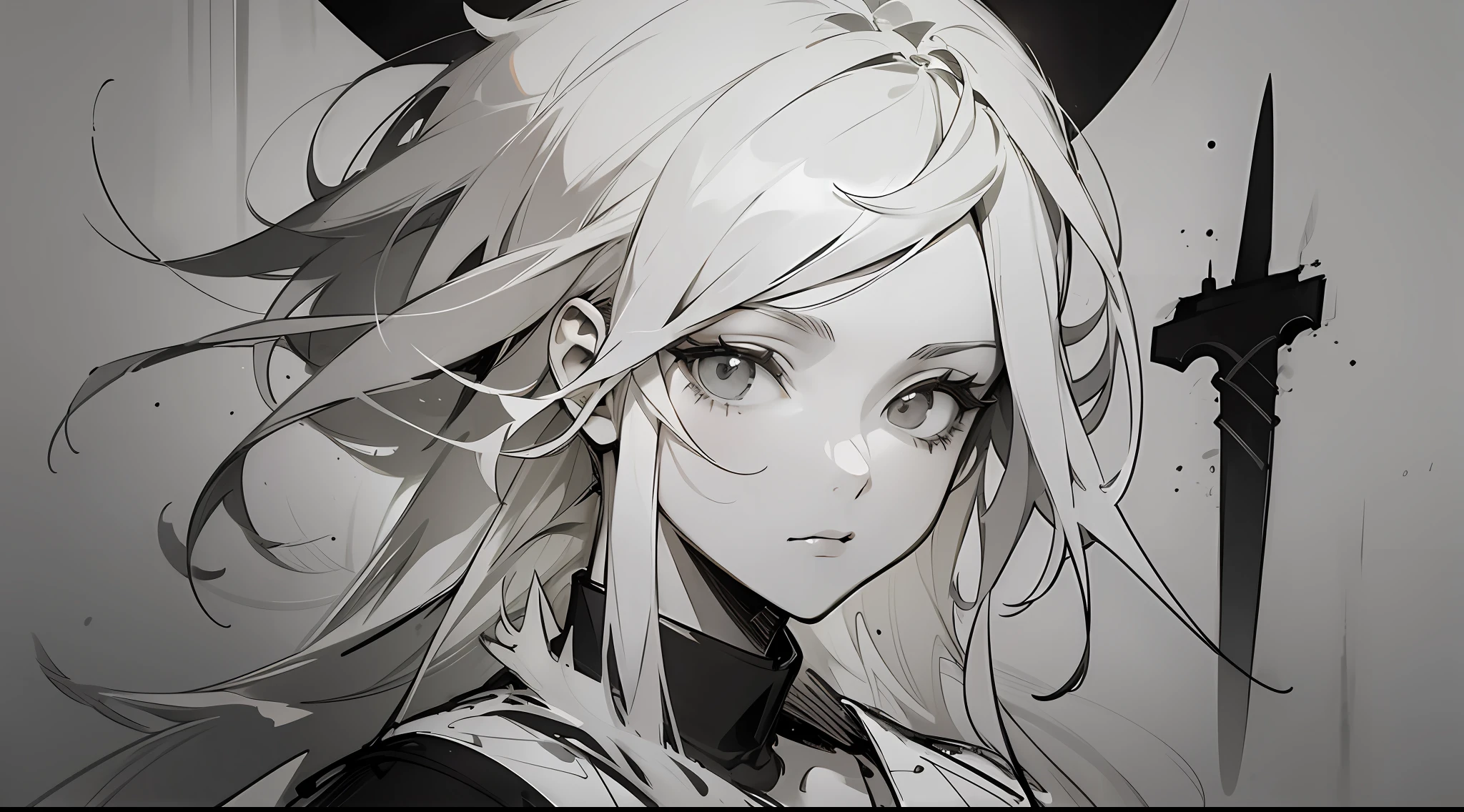 (partial mosaic, white-haired girl, knife), grayscale shade, sketch, minimalist style, monochrome background Street art