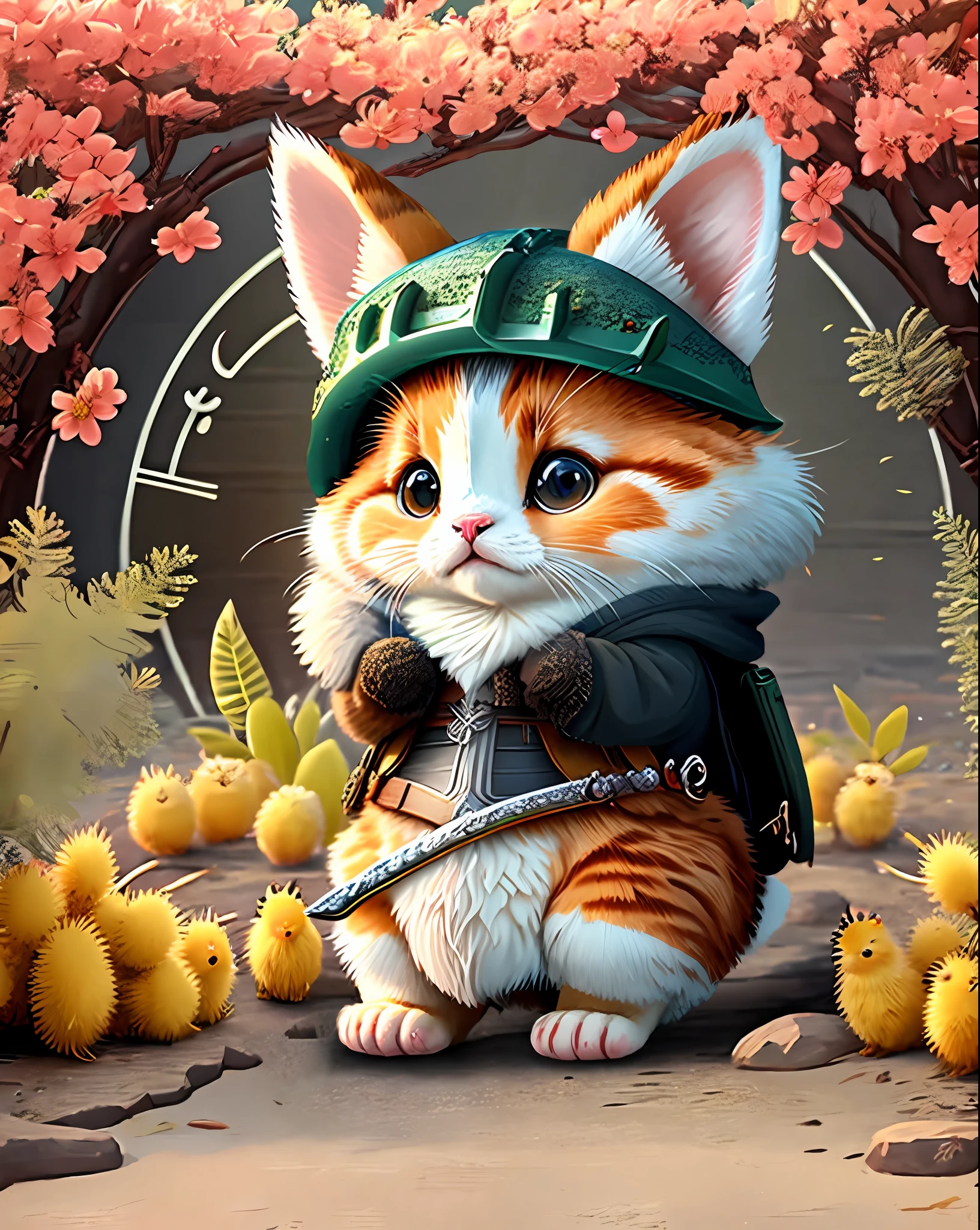 Top image quality、"Create a masterpiece of cute creatures. (calico cat), high detailing, in 8K、Top image quality、Dressed as an adventurer、Holding a sword and shield in your hand、