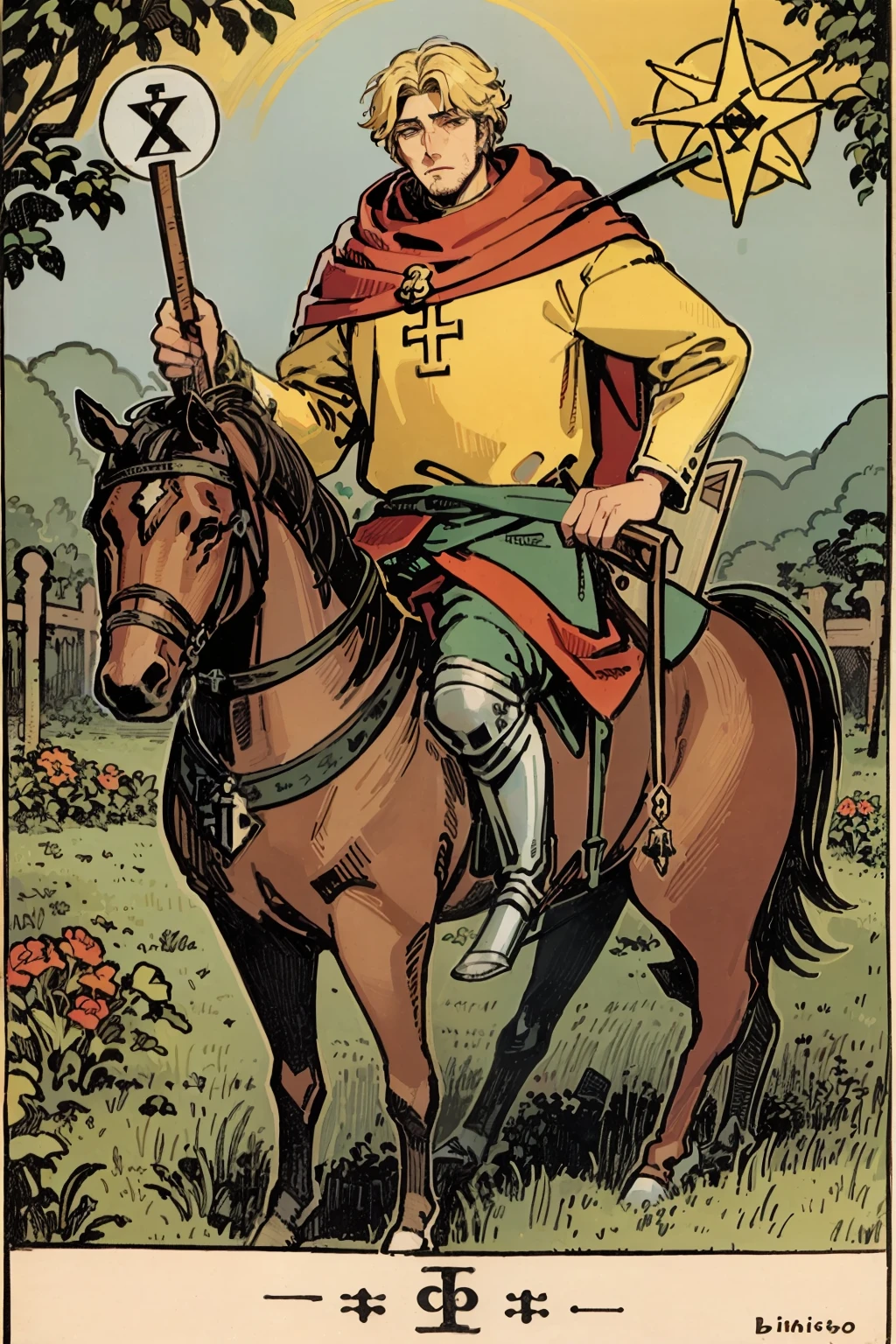 Tarot card, bispo, cavaleiro medieval, homem, bindle, Stick and purse, penhasco, cachorro