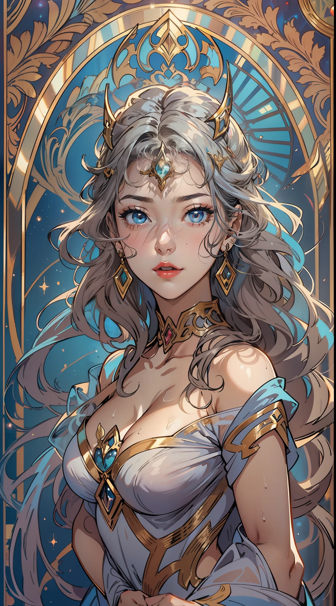 beautiful female knight, Alphonse Mucha's style, light reflections, voluminetric lighting,sexy big breasts exposed,1female,aged 40,Huge breasts,, 独奏,(Background with:space), She has long flowing hair, standing on your feet,Sweat profusely,drenched all over the body,,blue color eyes,frontage, curlies,classicism,(((tmasterpiece),(Very detailed CG unity 8K wallpaper),best qualtiy,cinmatic lighting,detailed back ground,beatiful detailed eyes,Bright pupils,(Very fine and beautiful),(Beautiful and detailed eye description),ultra - detailed,tmasterpiece,)),facing at camera,A high resolution,ultra - detailed),熟妇,mature,revealing breasts,facing at camera,Flushed complexion,Orgasmic face,Camel toes,with no underpants,frontage,Beautiful and sexy full-body photo,((独奏)),