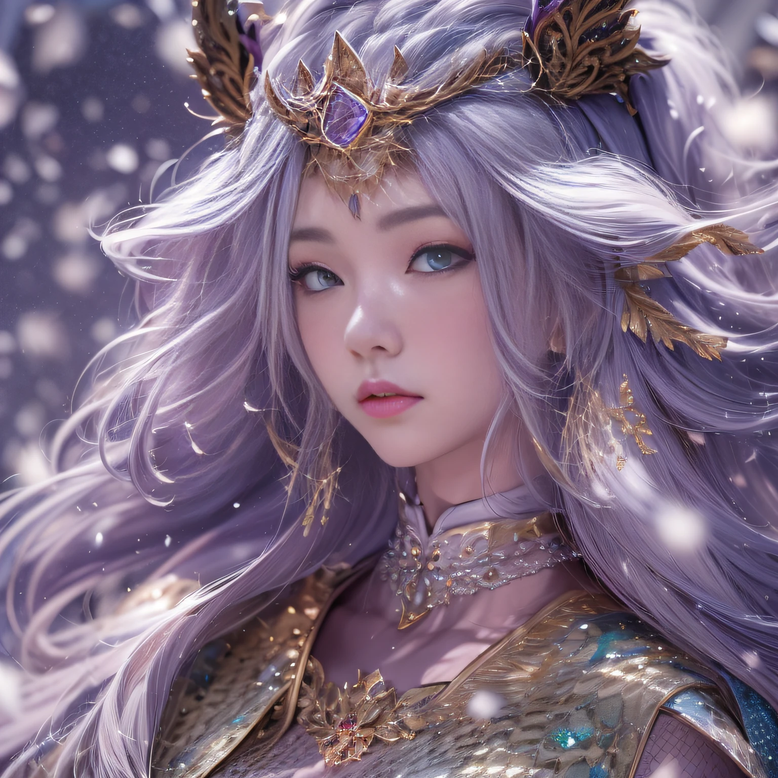 16k(tmasterpiece,k hd,hyper HD,16k)short detailed hair,Gold jewelry area in the back room,King Girl ,Silver Dragon Protector (realisticlying:1.4),Python pattern robe,Purple-pink tiara,Snowflakes fluttering,The background is pure,Hold your head high,Be proud,The nostrils look at people, A high resolution, the detail, RAW photogr, Sharp Re, Nikon D850 Film Stock Photo by Jefferies Lee 4 Kodak Portra 400 Camera F1.6 shots, Rich colors, ultra-realistic vivid textures, Dramatic lighting, Unreal Engine Art Station Trend, cinestir 800,Hold your head high,Be proud,The nostrils look at people