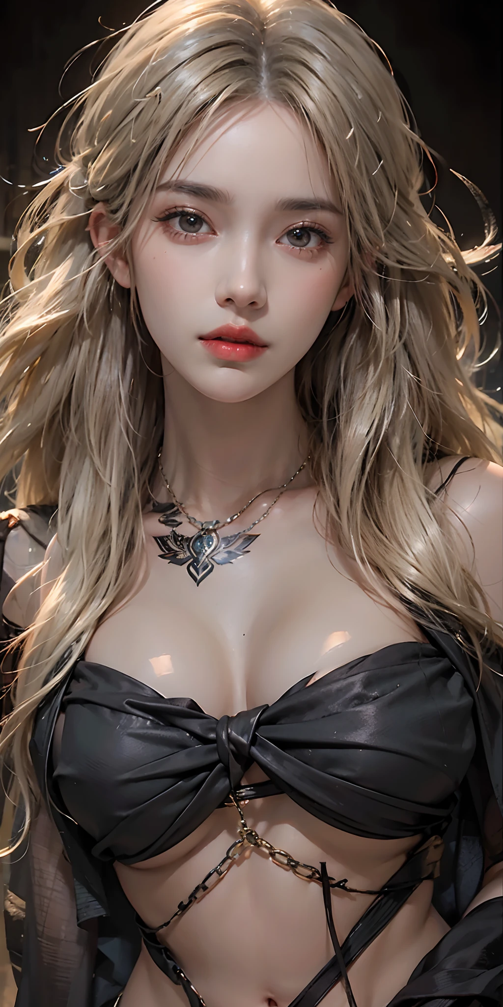 photorealistic, high resolution, soft light,1women, solo, hips up, look at viewer, (detailed face), long hair, blonde hair, covered eyes, eyes mask, blindfirekeeper, medium breasts, curvy, black dress, black capelet, bandaged arm, tattoo, jewelry