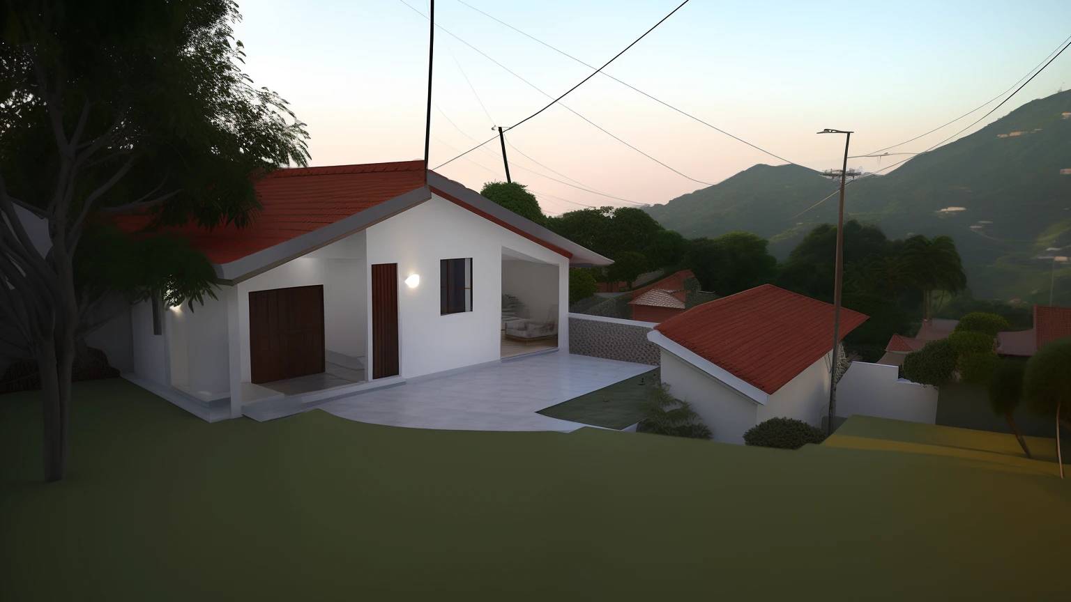 There is a small white house with a red roof and a red tile roof, Lumion Pro Rendering, Directed by: CeFerí Olivé, vista externa, Vista exterior, Casa completa, imagem frontal, casa de aldeia, Location ( favela ), visto de fora, uma casa, Casa colonial no fundo, by Rodolfo Amoedo, Casas, Directed by: Willian Murai, vista frontal, casa velha, vista frontal
