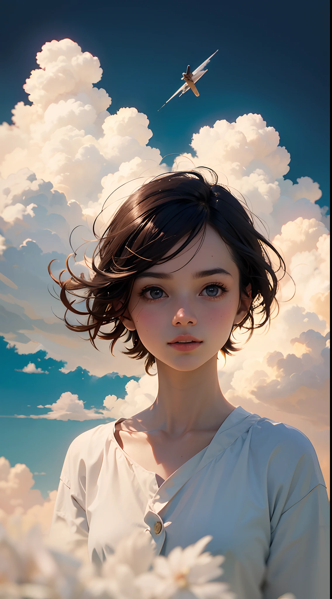 masterpiece, best quality, movie still, 1girl, floating in the sky, cloud girl, cloud, (close-up:1.1), bright, happy, fun, soft lighting, (Bauhaus, shapes, lines, abstract:1.1) --auto