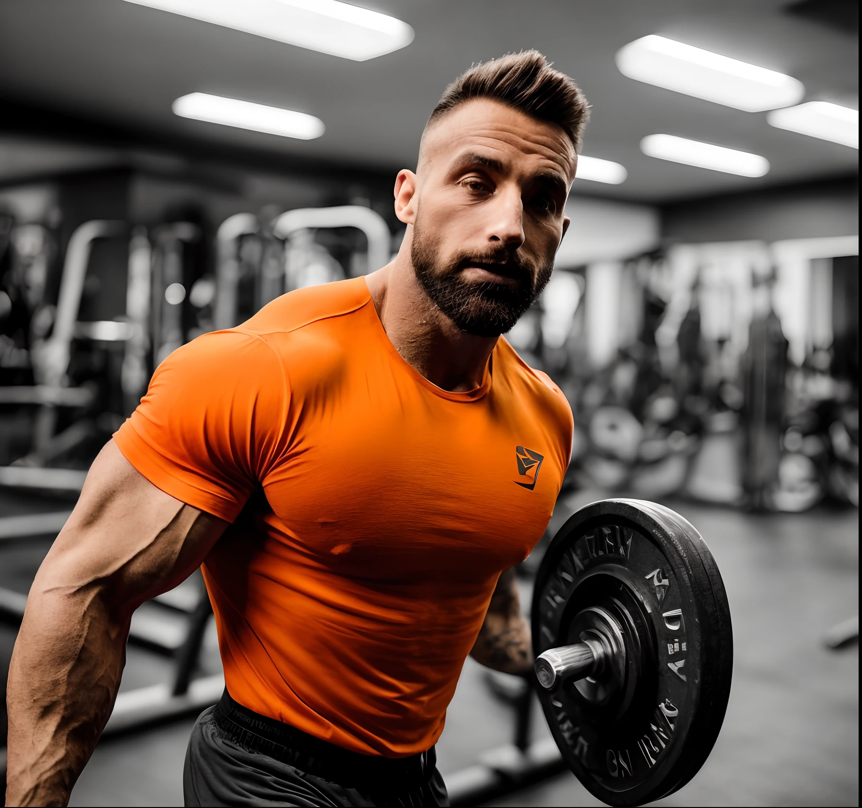 A handsome, athletic guy is in a bodybuilding gym. He's wearing an orange T-shirt. Pouca luz ao fundo. sharp photo. 8k. Pele bem evidente. Foto realista. Anilhas