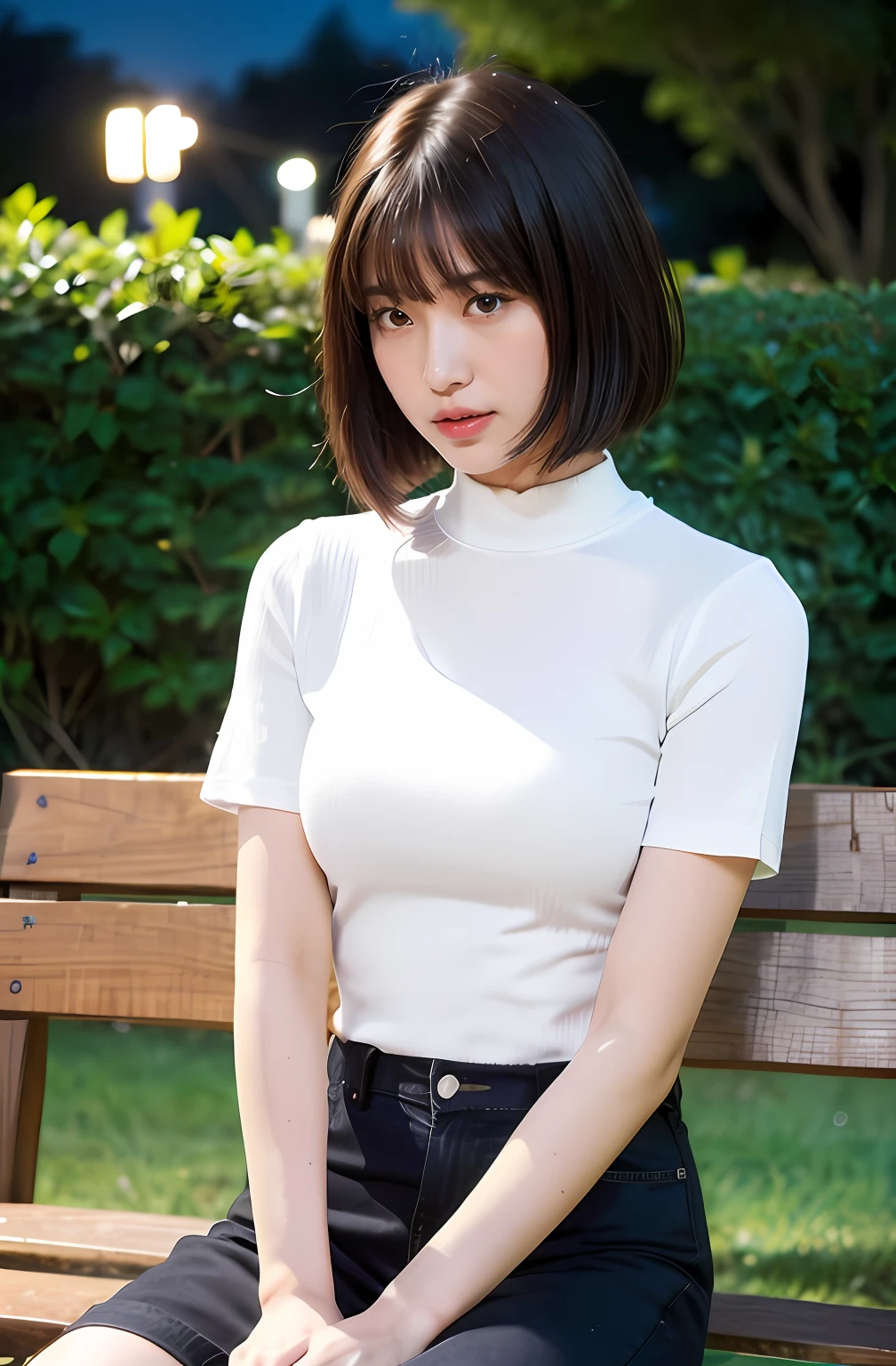 ((8K:1.27)、top-quality、masterpiece、超A high resolution:1.2)Photo Beautiful Japan woman(pleasing:1.1) Elegance、There is a good、Gradient lighting、1girl in、Delicate skin、Look here、Brown-eyed、(short hair with bangs:1.2)、(Medium chest:1.0)、(medium areola:0.8)、(realisitic:1.4)、(top-quality:1.0)、(超A high resolution:1.0)、8K、Raw photography、(masterpiece:0.2)、(pureerosface_v1:0.5)、High neck T-shirt with tight rib、Brown T-Shirt、Tight silhouette、shortsleeves、Dark brown、Very short hot pants、shortpants、Kamimei、excited expressions、Red cheeks、want me、Staring at this、Park at night、Brightness of streetlights、total darkness、subject、look down from above、Lean、Watched、sit on a bench、Park at night、Chii、Streetlight、total darkness、Futomo、