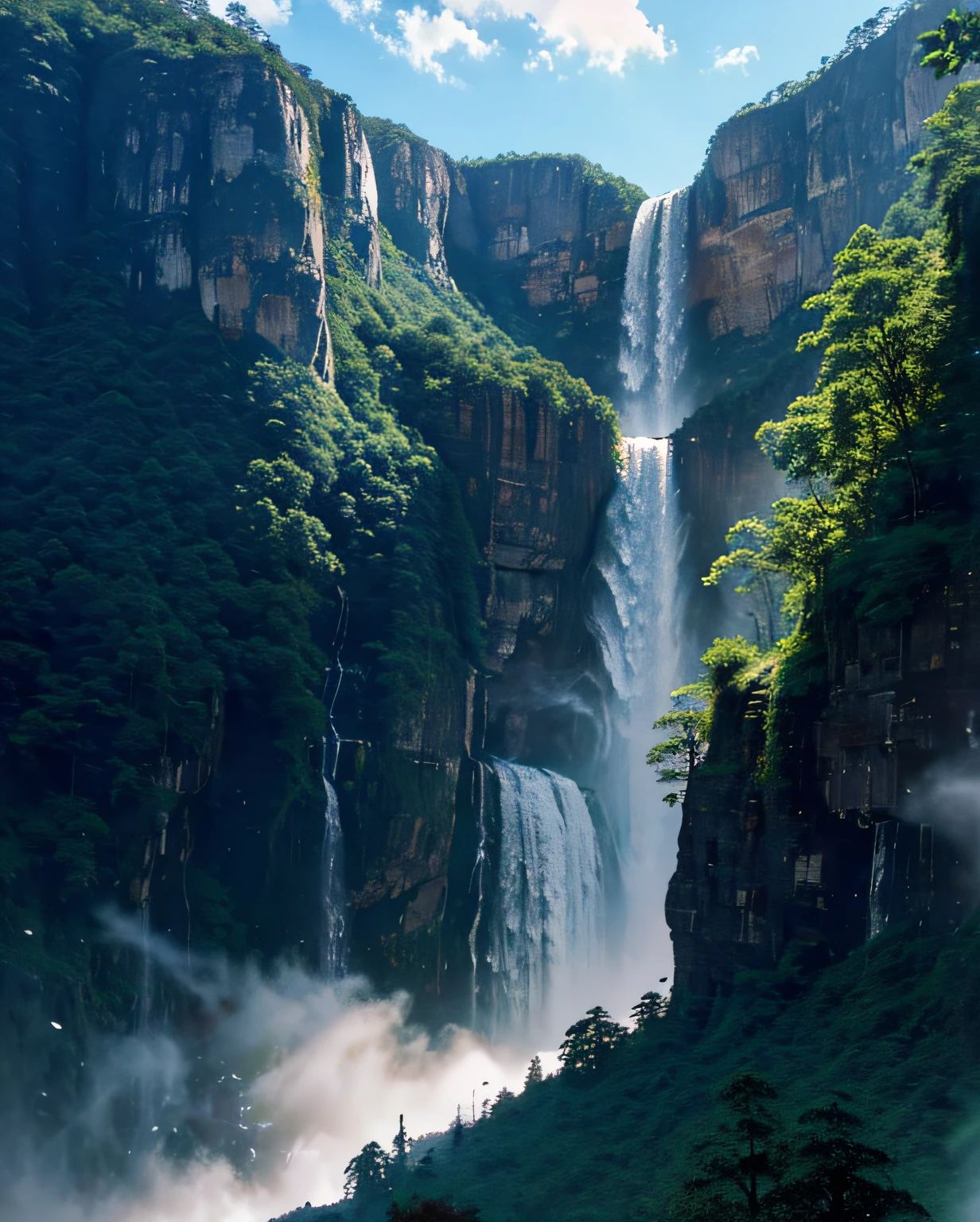 A digital art illustration of Angel Falls waterfall by Greg Rutkowski best quality, masterpiece, trending on artstation, highly artistic, intricate details, Summer, gorgeous large clouds, blue sky, hot weather, HD detail, hyper-detail, cinematic, soft light, deep field focus, bokeh, ray tracing, mountain, meadows