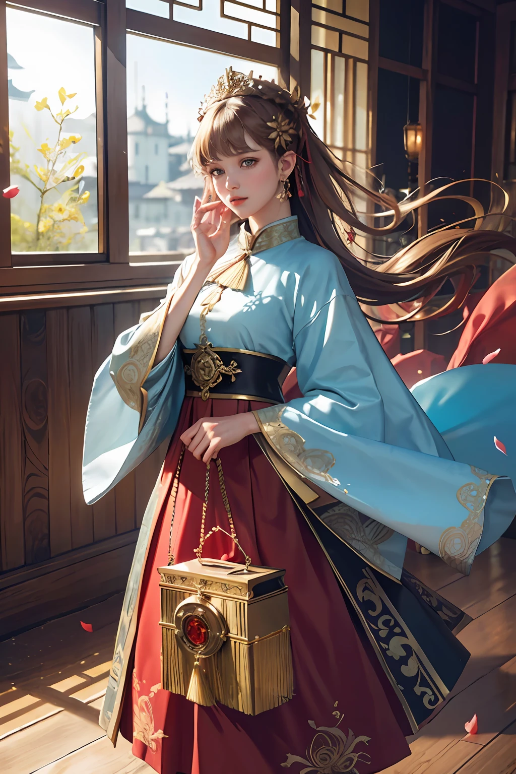best quality, masterpiece, highres, (exquisite body:1.5),gorgeous face,(milky skin:1.3),intricate details,high resolution,wallpaper,
1girl, solo, dress, hair ornament, (((gold and red dress))), flowers, long hair, brown hair, closed mouth, jewelry, long sleeves, hand up, wide sleeves, big eyes,floating hair, chinese clothes, hanfu, embroidery, long skirt, natural pose, falling petals, indoor,fanning, lantern,
16K,HDR,highres,depth field,(film grain:1.1),boken,golden hour,(lens flare),vignette,rainbowing,(color grading:1.5)