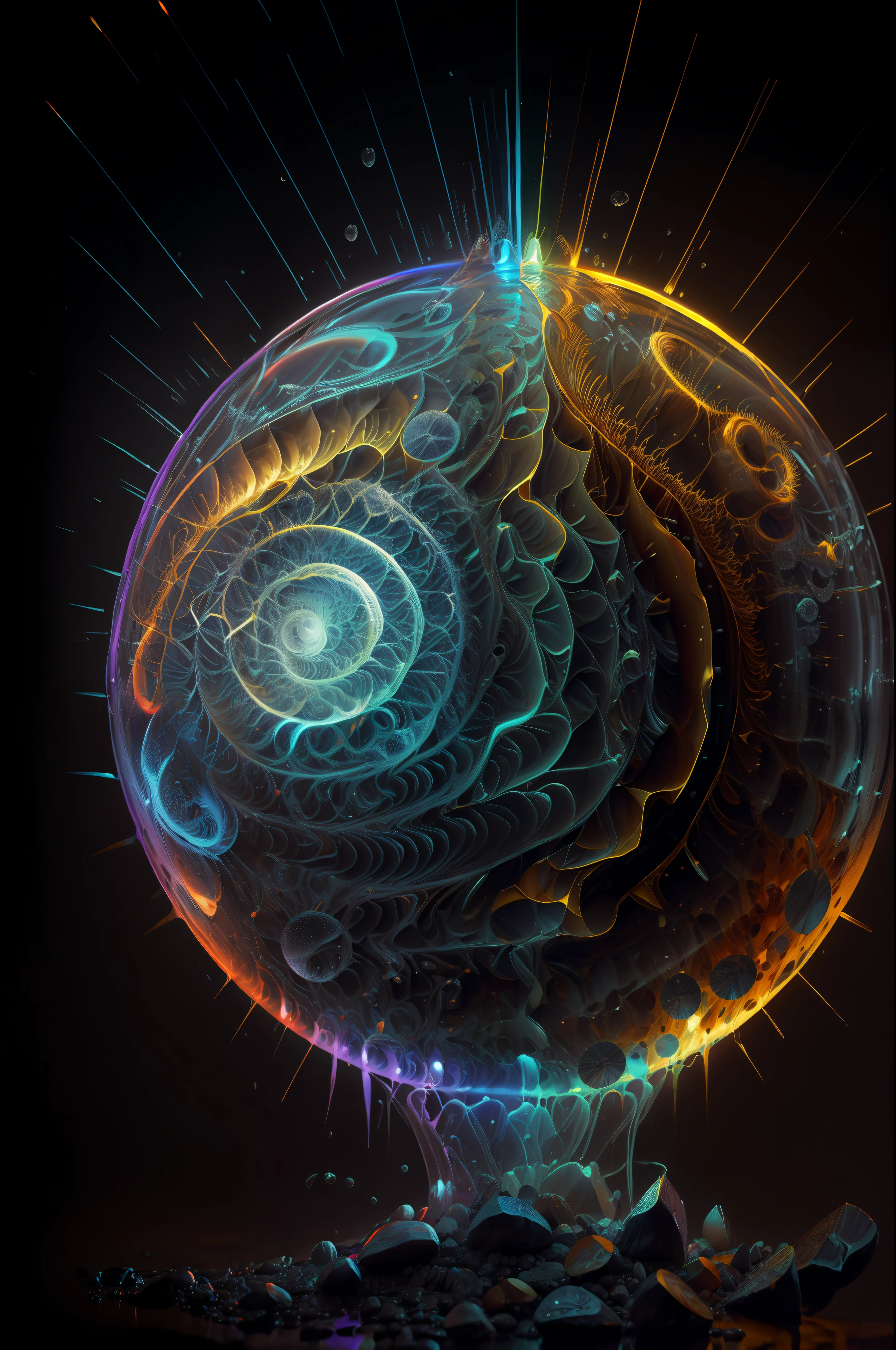 (temperatura absoluta cero grados Kelvin ),Arte de Alberto Severo, salpicaduras y gotas congeladas multicolores, dream, Pintura digital surrealista , brillos tornasolados, efectos 3D, Ultra HD, obra de arte magistral ,cinematic lighting,16k
