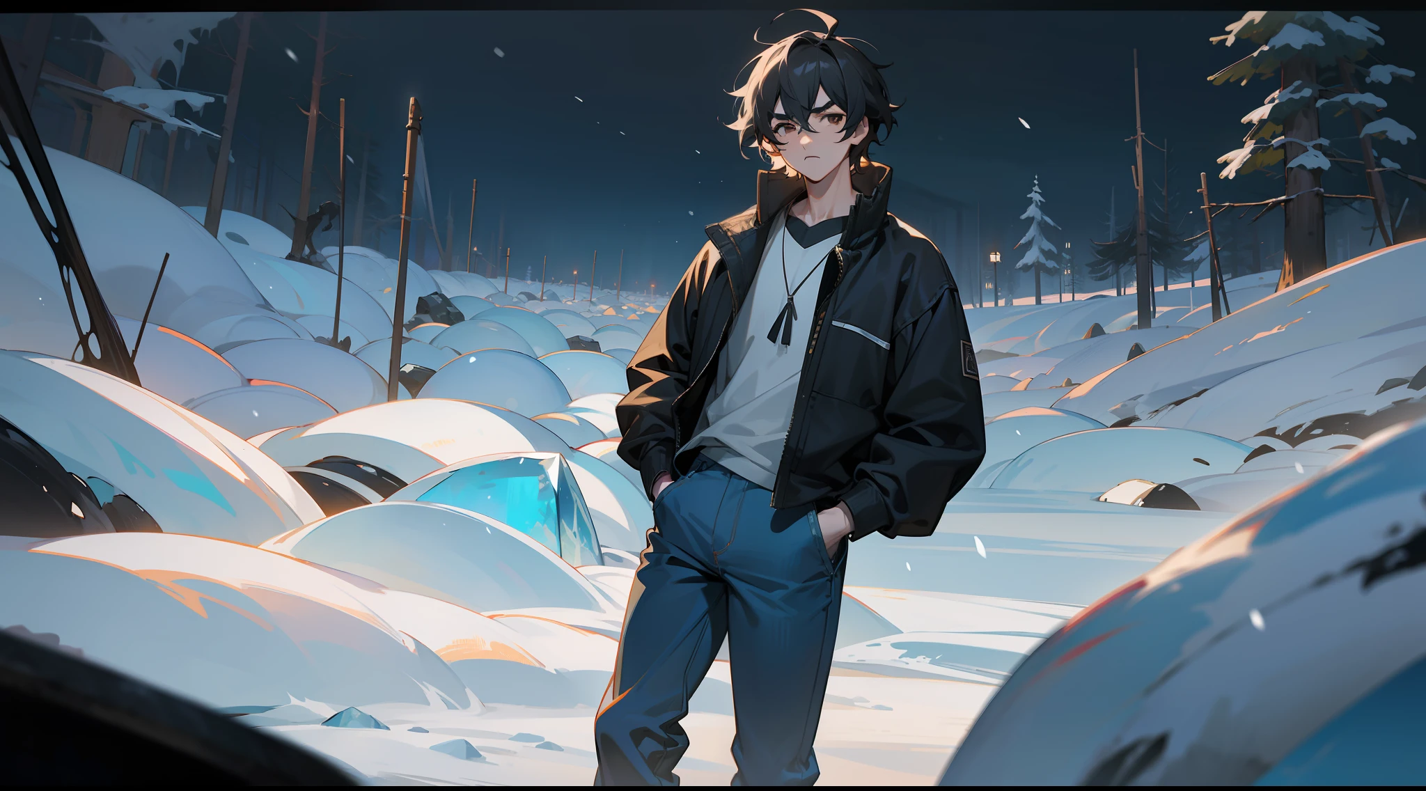 Beautiful boy,Anime single-player,thick eyebrow,Empty eyes,sbeard,Black messy hair,face drawn and pale,Seven doppelgangers,leisure wear,denim pant,Put your hands in your pockets,Facing the viewer,Ice and snow,overcast day,Middle of the night,