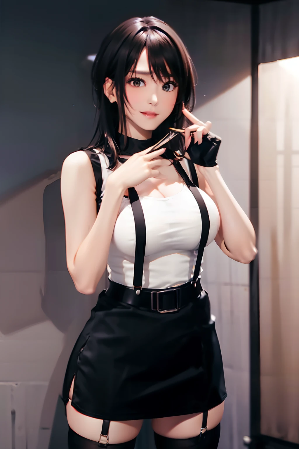a belt suspenders Black miniskirt neck tie Black tank top Black stockings Brown hair long Gray eyes holster Garter belt on the legs large full breasts Fold your hands behind your back Get hungry Colossal tits Pichi Pichi clothes
