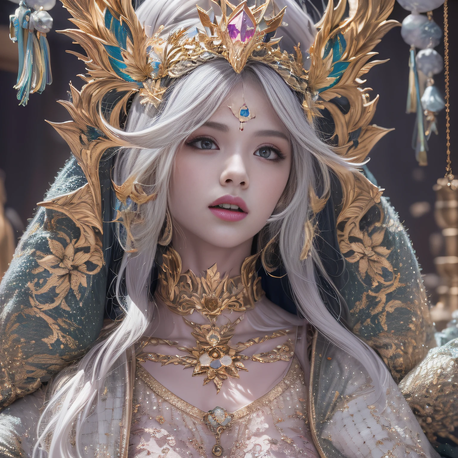 16k(tmasterpiece,k hd,hyper HD,16k)short detailed hair,Gold jewelry area in the back room,King Girl ,Silver Dragon Protector (realisticlying:1.4),Python pattern robe,Purple-pink tiara,Snowflakes fluttering,The background is pure,Hold your head high,Be proud,The nostrils look at people, A high resolution, the detail, RAW photogr, Sharp Re, Nikon D850 Film Stock Photo by Jefferies Lee 4 Kodak Portra 400 Camera F1.6 shots, Rich colors, ultra-realistic vivid textures, Dramatic lighting, Unreal Engine Art Station Trend, cinestir 800,Hold your head high,Be proud,The nostrils look at people