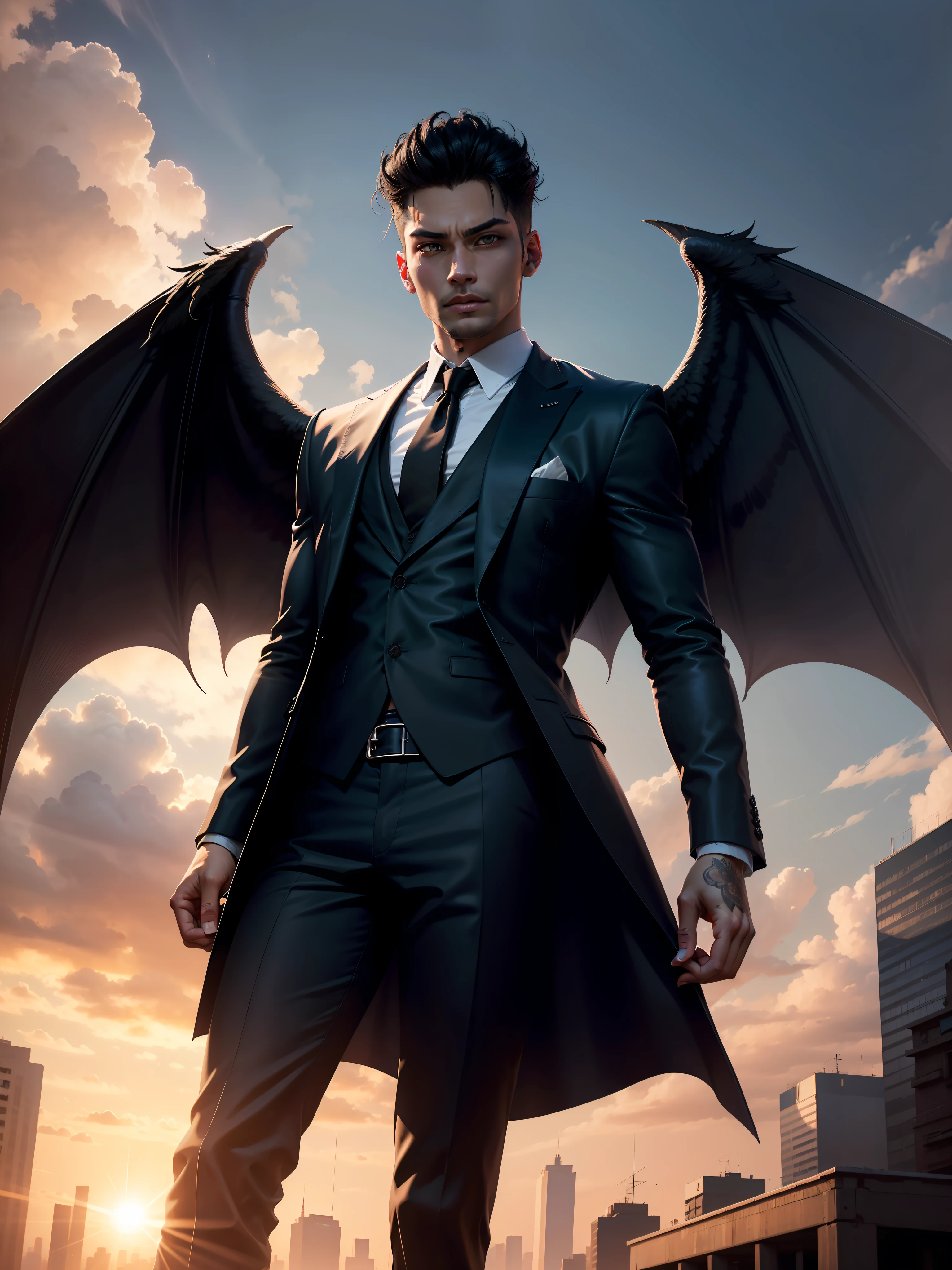 Lucifer Morningstar stand on the front city, in dark world, sun shine left corner and his shine on the Lucifer wings, Teenage lucifer, Lucifer wear black suit, handsome and gangstar look, with black wings, Realistic enhance and detailed, wide photography, 4k