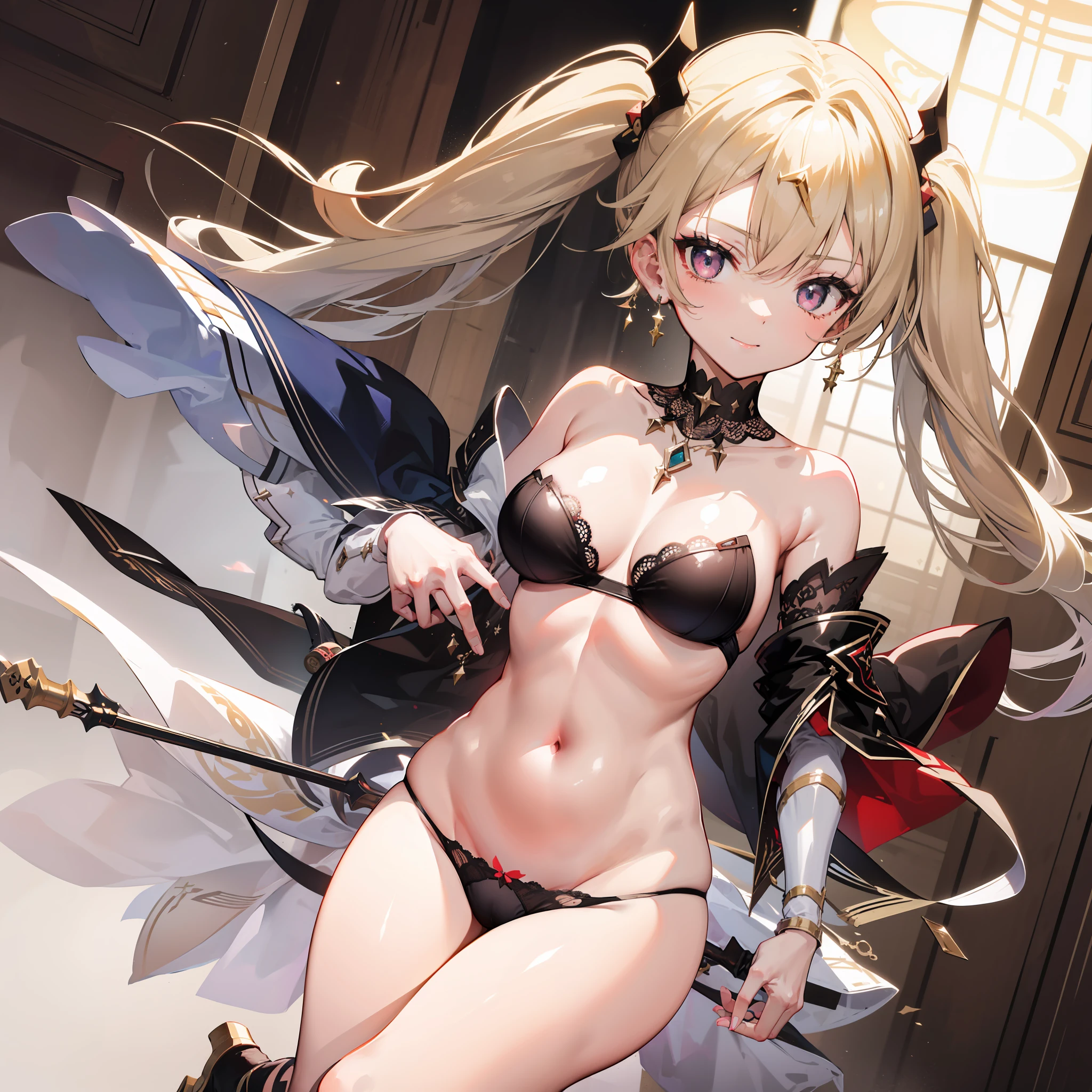 absurdos, melhor qualidade, obra-prima, 1girl, pernas abertas, twin tails, sorrir, ((hand in panties))