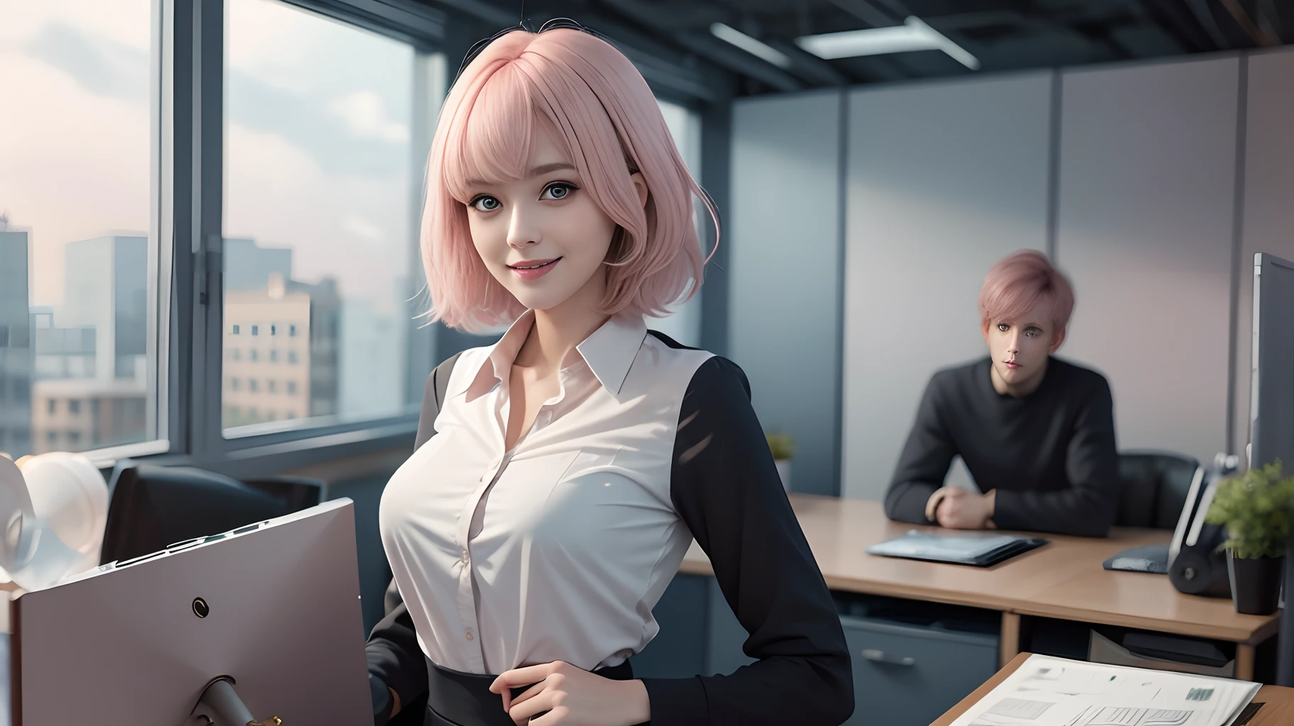 ((masterpiece, best)),(1girl),((mature woman)), light pink hair, dizzy, trumpet, ((office lady)), bangs, mid-chest, (full), slim, smiling, [wide hips] ,office,standing, aru \(blue archive\),