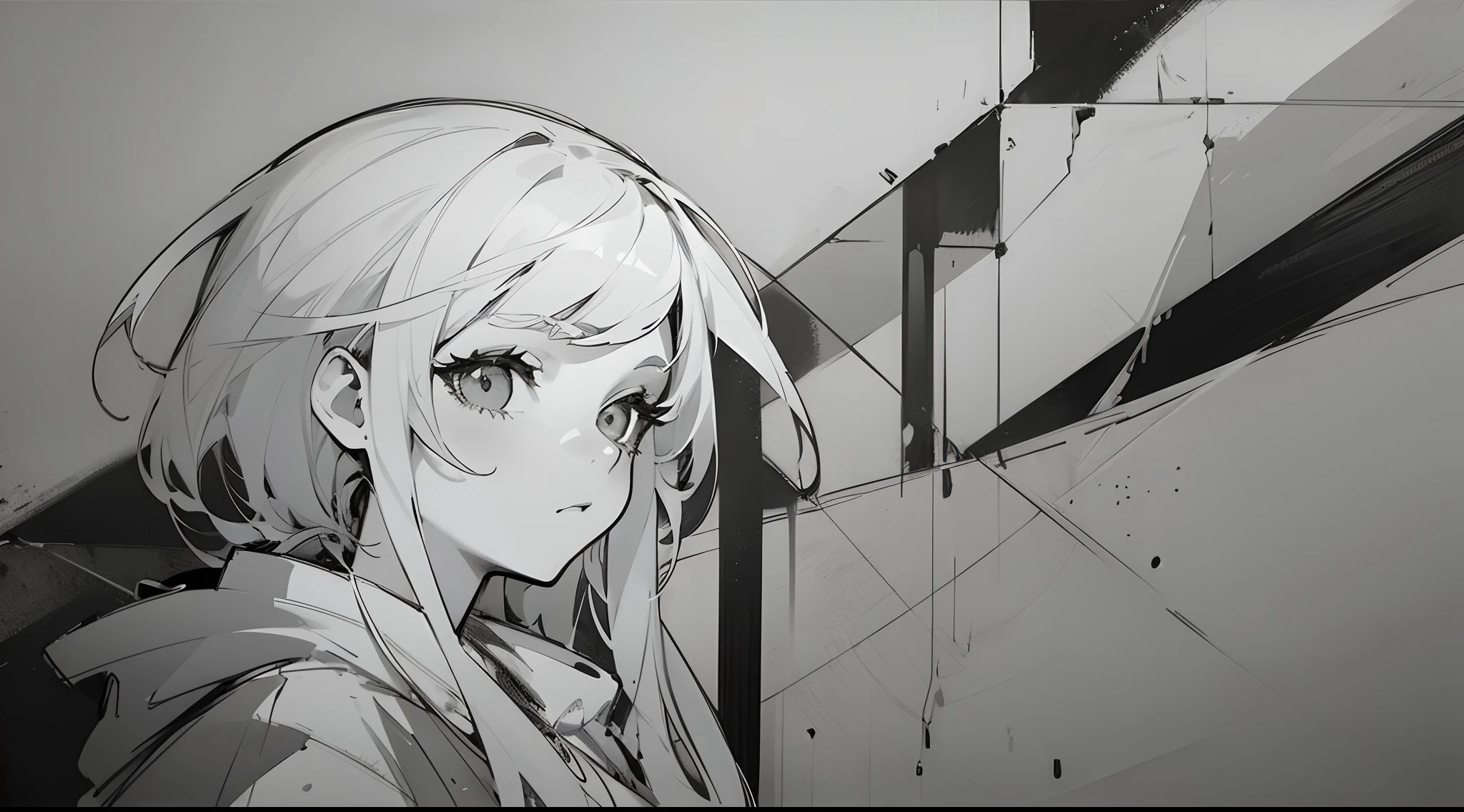 (partial mosaic, white-haired girl, knife), grayscale shade, sketch, minimalist style, monochrome background Street art