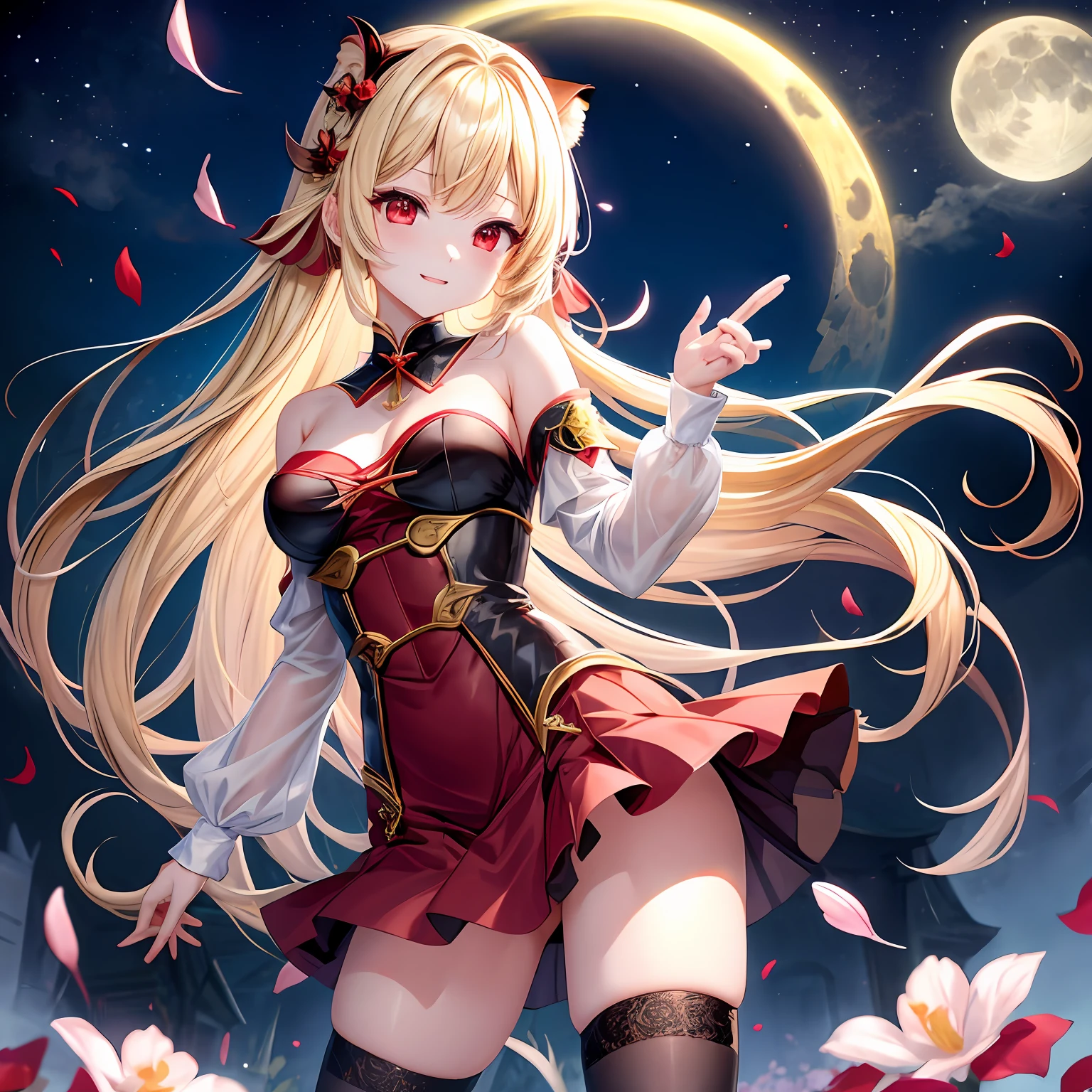 a blond、red eyes、One Vampire Girl、独奏、animesque、doress、a miniskirt、a moon、蝙蝠の羽、A sexy