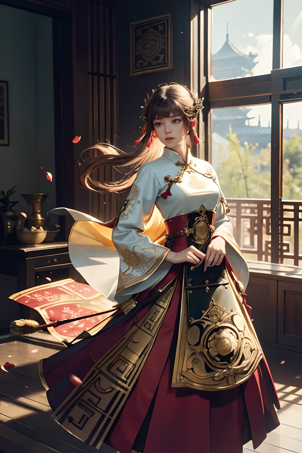 best quality, masterpiece, highres, (exquisite body:1.5),gorgeous face,(milky skin:1.3),intricate details,high resolution,wallpaper,
1girl, solo, dress, hair ornament, (((gold and red dress))), flowers, long hair, brown hair, closed mouth, jewelry, long sleeves, hand up, wide sleeves, big eyes,floating hair, chinese clothes, hanfu, embroidery, long skirt, natural pose, falling petals, indoor,fanning, lantern,
16K,HDR,highres,depth field,(film grain:1.1),boken,golden hour,(lens flare),vignette,rainbowing,(color grading:1.5)