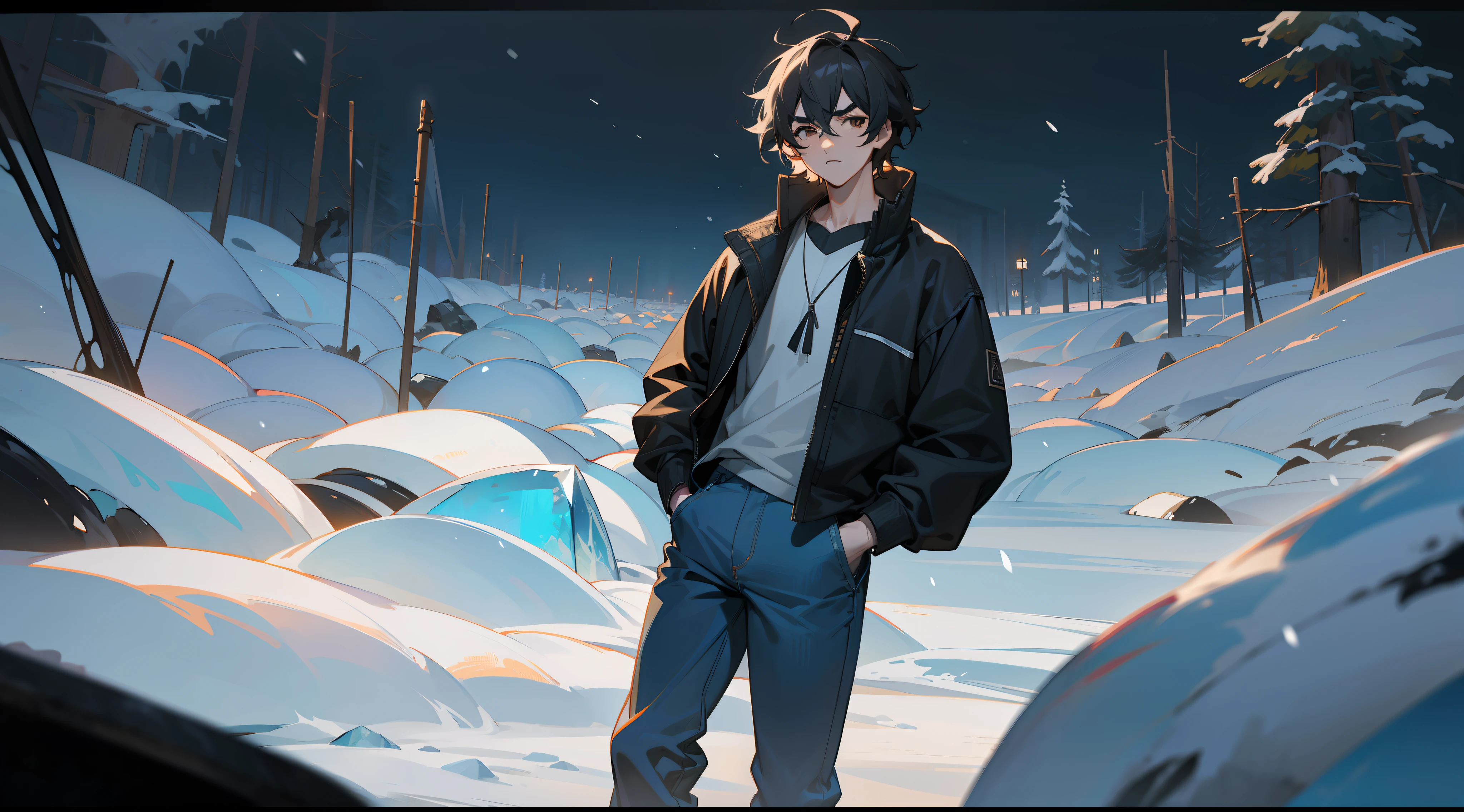 Beautiful boy,Anime single-player,thick eyebrow,Empty eyes,sbeard,Black messy hair,face drawn and pale,Seven doppelgangers,leisure wear,denim pant,Put your hands in your pockets,Facing the viewer,Ice and snow,overcast day,Middle of the night,