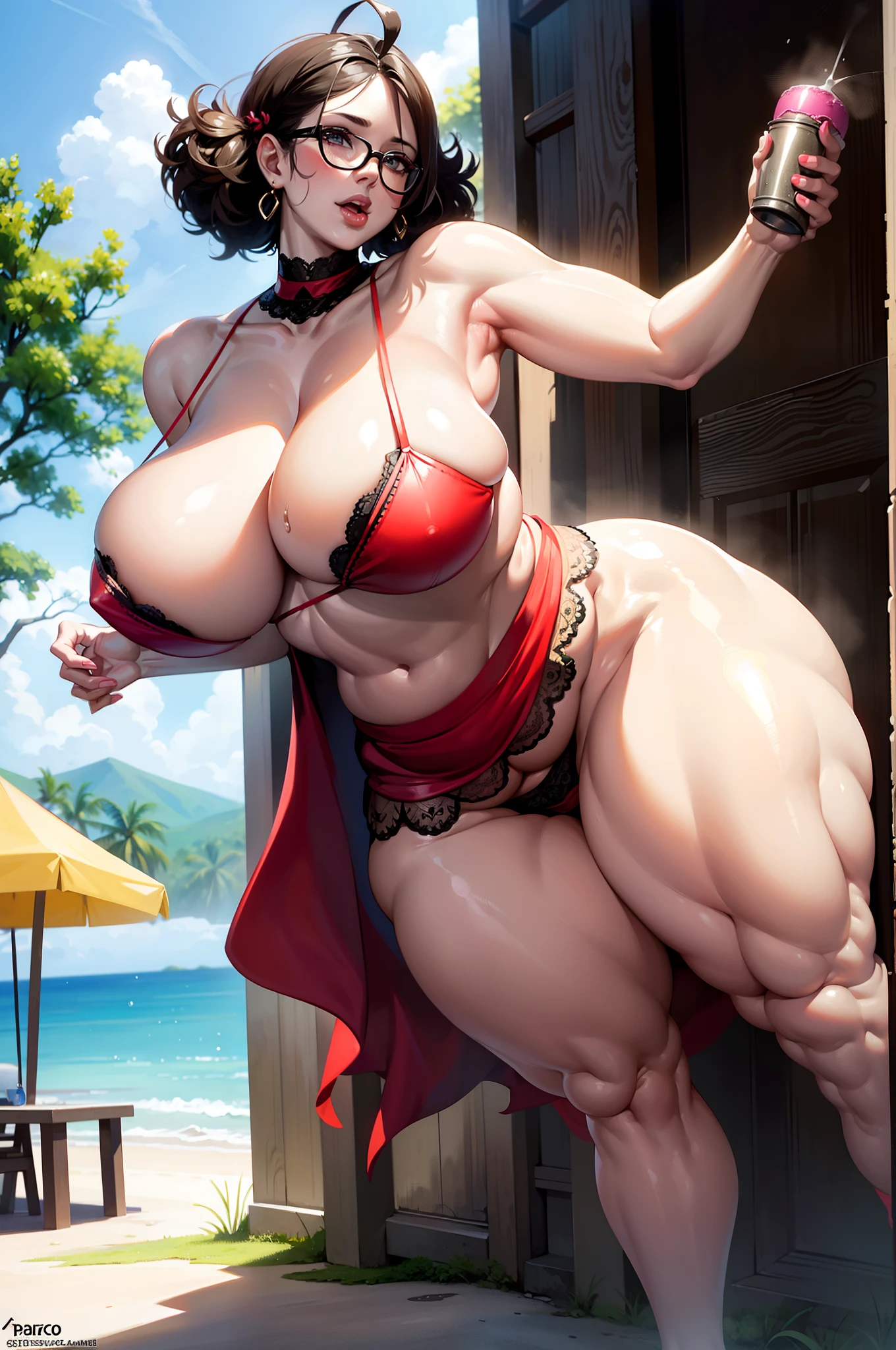 Hot mom，独奏，（：1.3），thick thight，upper  buttock，dent in the skin，Double tail，short detailed hair，curlies，ssmile，cheerfulness，（Red lace apron：1.2），cparted lips，plumw，exposed midriff，protruding areolas，gigantic cleavage ，4K，realistic humid skin，Armpits，Large curved hips，a variety of poses，Stick out a very long tongue，Fleshy figure，with perfect legs，Hypertrophic，protruding areolas，Bronzed skin，Detailed lips，bubble butt，Dewy，mouth drool，Lick，Place your fingers between your legs，Hungry and thirsty housewives，erected，Wrinkles，Eyes look at the lens，A shy look，Blushing aunt，Two braids，Smooth skin，Very meticulous clothes，Intriguing set，extremly high detail，A detailed face，Gloss on lips，Bronze，In the alley，super breasts，Feminine and colorful