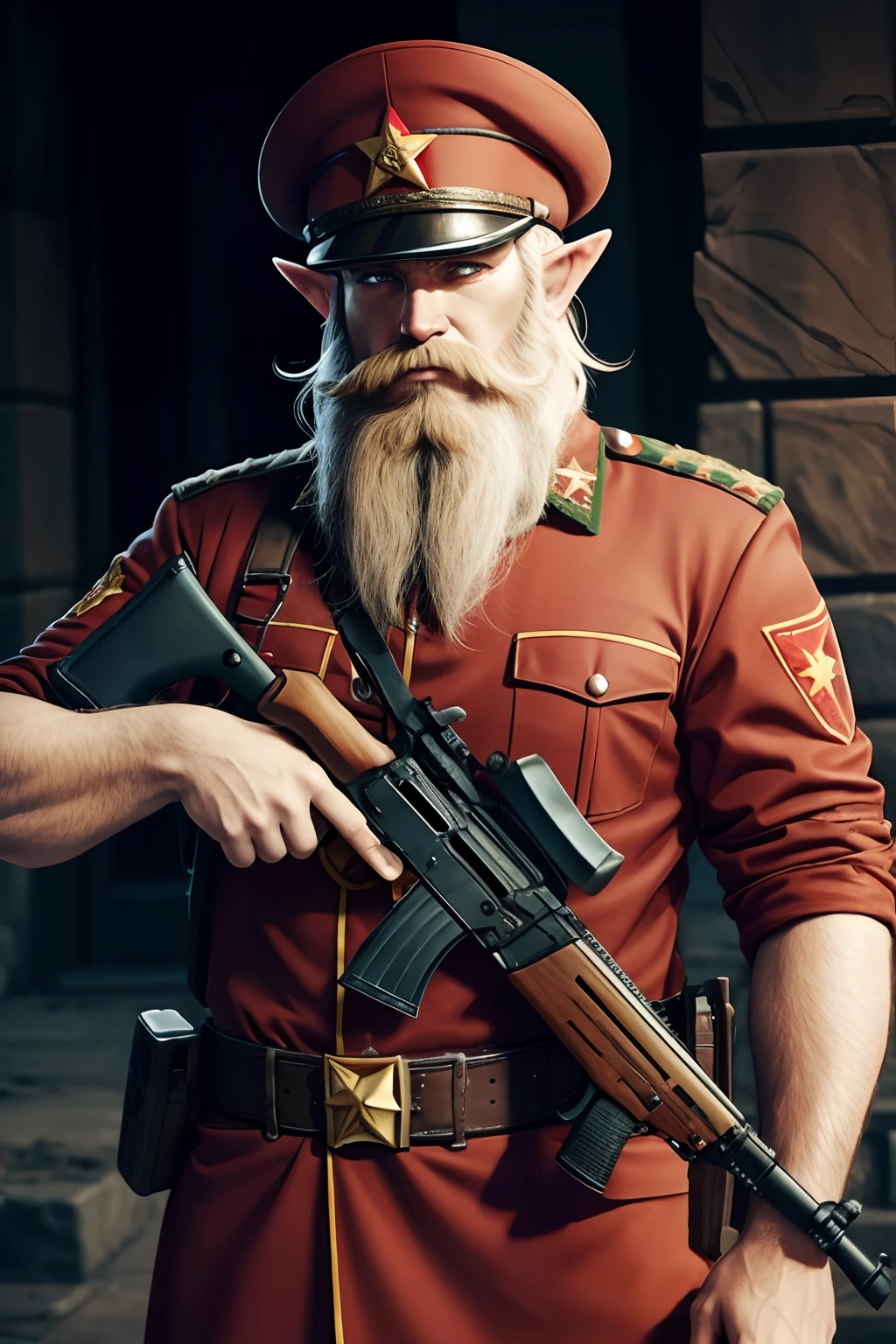 A male communist elf. Beard, gun, communist symbols, red star.