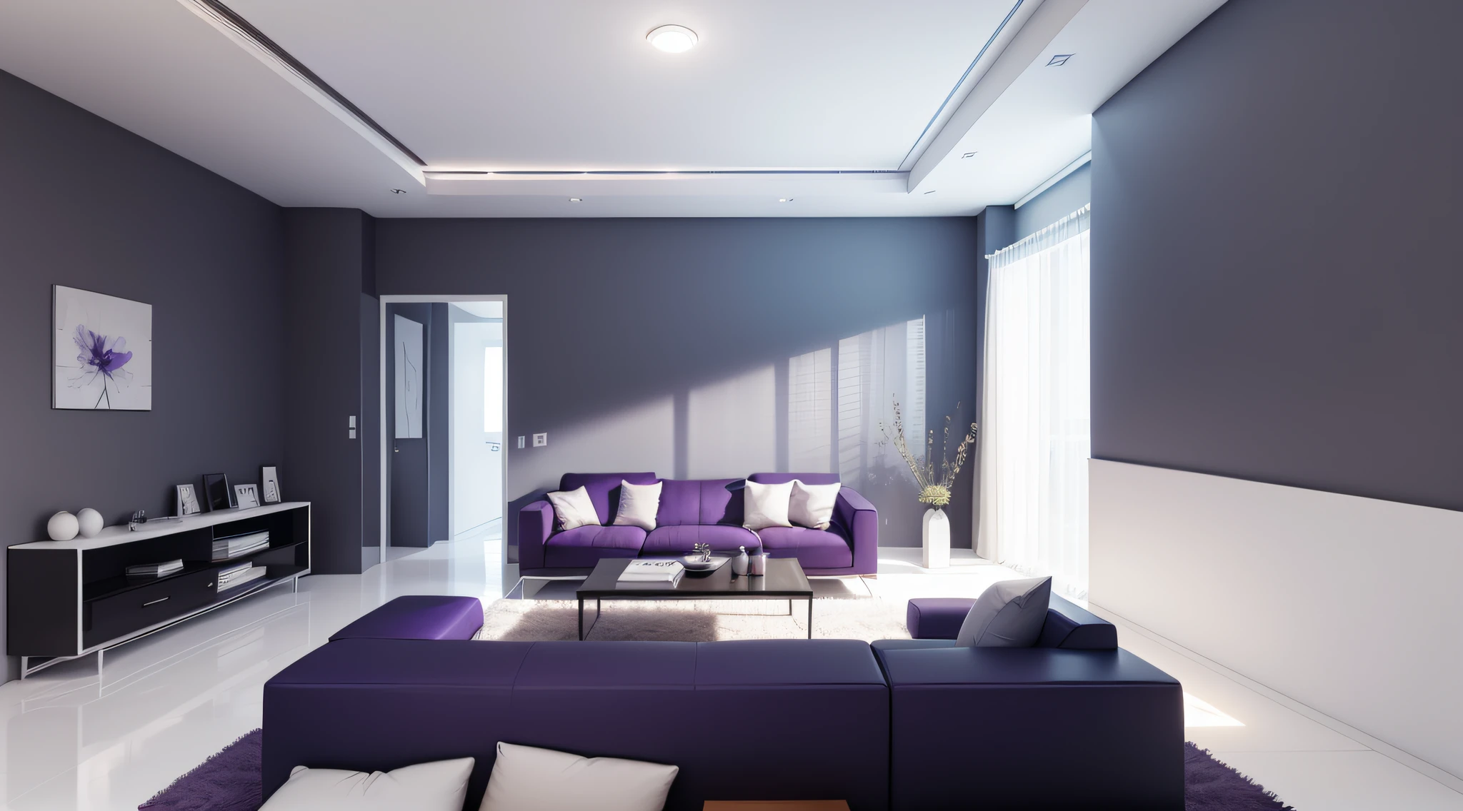 there is a light blue couch and a white table in a room, apartment with dark purple walls, minimalist design, modern, minimalist interior design, modern minimalist, modern and minimalist, minimal modern, apartment design, modern interior design, interior, modern minimal design, empty solid wall