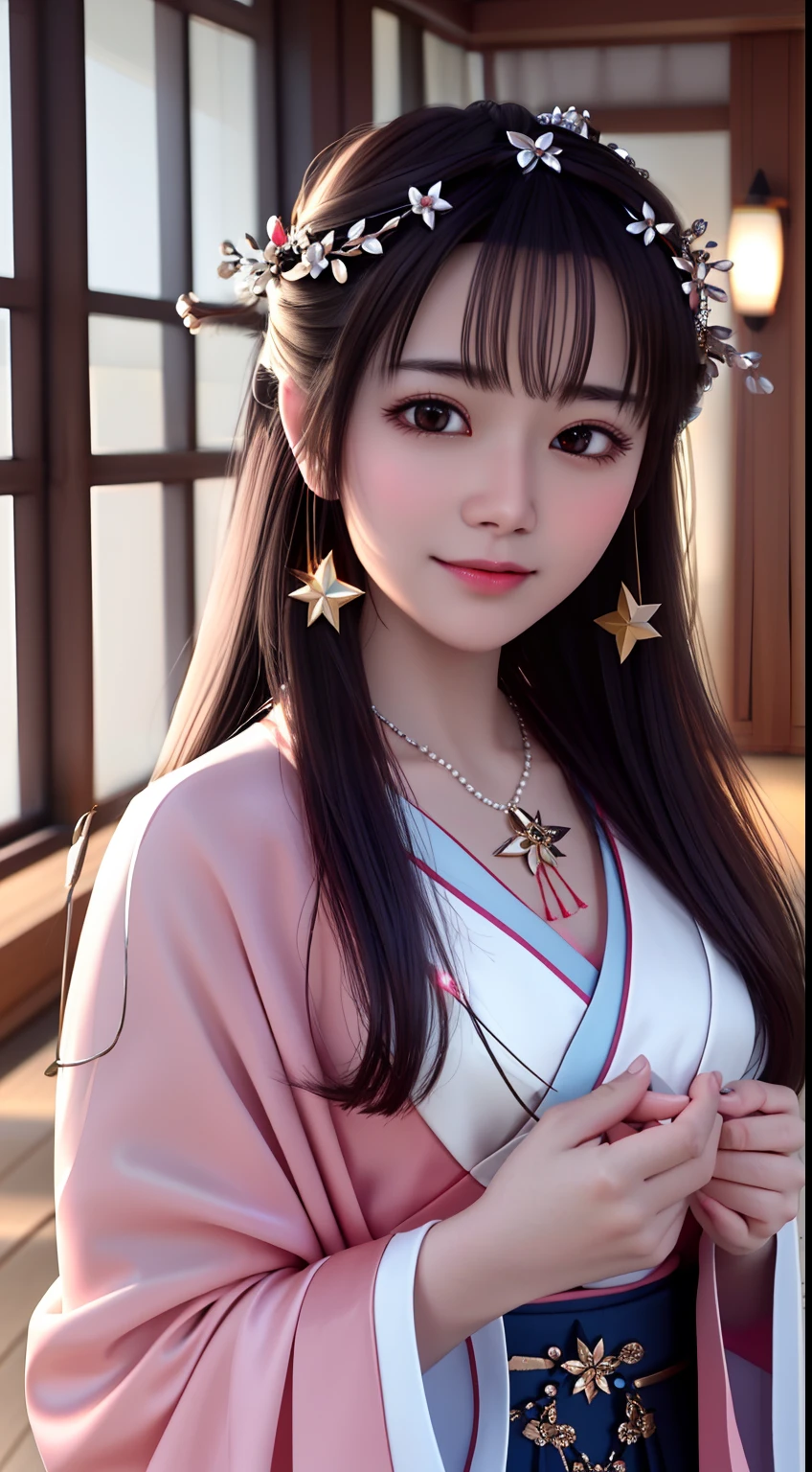 best quality, masterpiece, highres, 1girl,blush,(seductive smile:0.8),star-shaped pupils,china hanfu,hair ornament,necklace, jewelry,Beautiful face,upon_body, tyndall effect,photorealistic, dark studio, rim lighting, two tone lighting,(high detailed skin:1.2), 8k uhd, dslr, soft lighting, high quality, volumetric lighting, candid, Photograph, high resolution, 4k, 8k, Bokeh