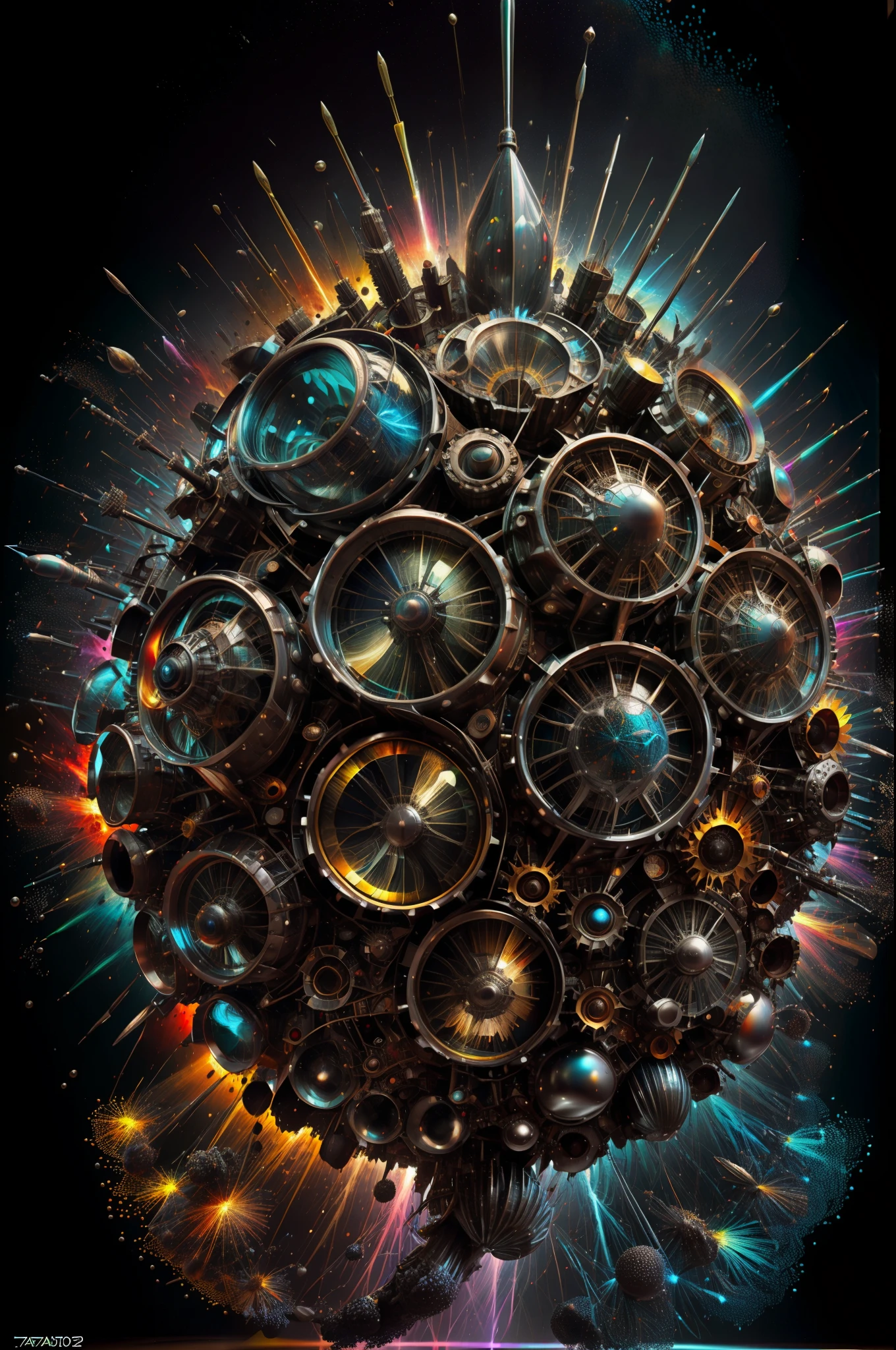 (cuenta regresiva, Explosion and take-off ),Arte de Alberto Severo, salpicaduras y gotas congeladas multicolores, dream, Pintura digital surrealista , brillos tornasolados, efectos 3D, Ultra HD, obra de arte magistral ,cinematic lighting,16k