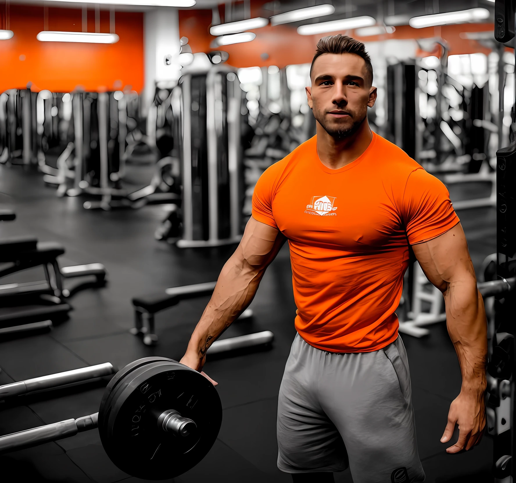 um bonito, Athletic guy is in a bodybuilding gym. He's wearing an orange T-shirt. Pouca luz ao fundo. sharp photo. 8k. Pele bem evidente. Foto realista. Anilhas