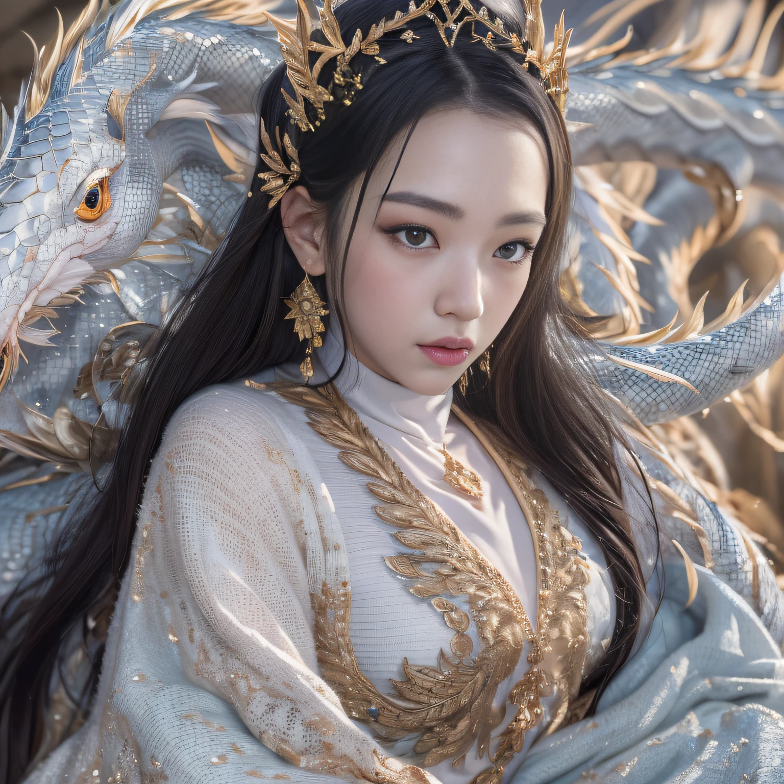 16k(tmasterpiece,k hd,hyper HD,16k)short detailed hair,Gold jewelry area in the back room,King Girl ,Silver Dragon Protector (realisticlying:1.4),Python pattern robe,Purple-pink tiara,Snowflakes fluttering,The background is pure,Hold your head high,Be proud,The nostrils look at people, A high resolution, the detail, RAW photogr, Sharp Re, Nikon D850 Film Stock Photo by Jefferies Lee 4 Kodak Portra 400 Camera F1.6 shots, Rich colors, ultra-realistic vivid textures, Dramatic lighting, Unreal Engine Art Station Trend, cinestir 800,Hold your head high,Be proud,The nostrils look at people