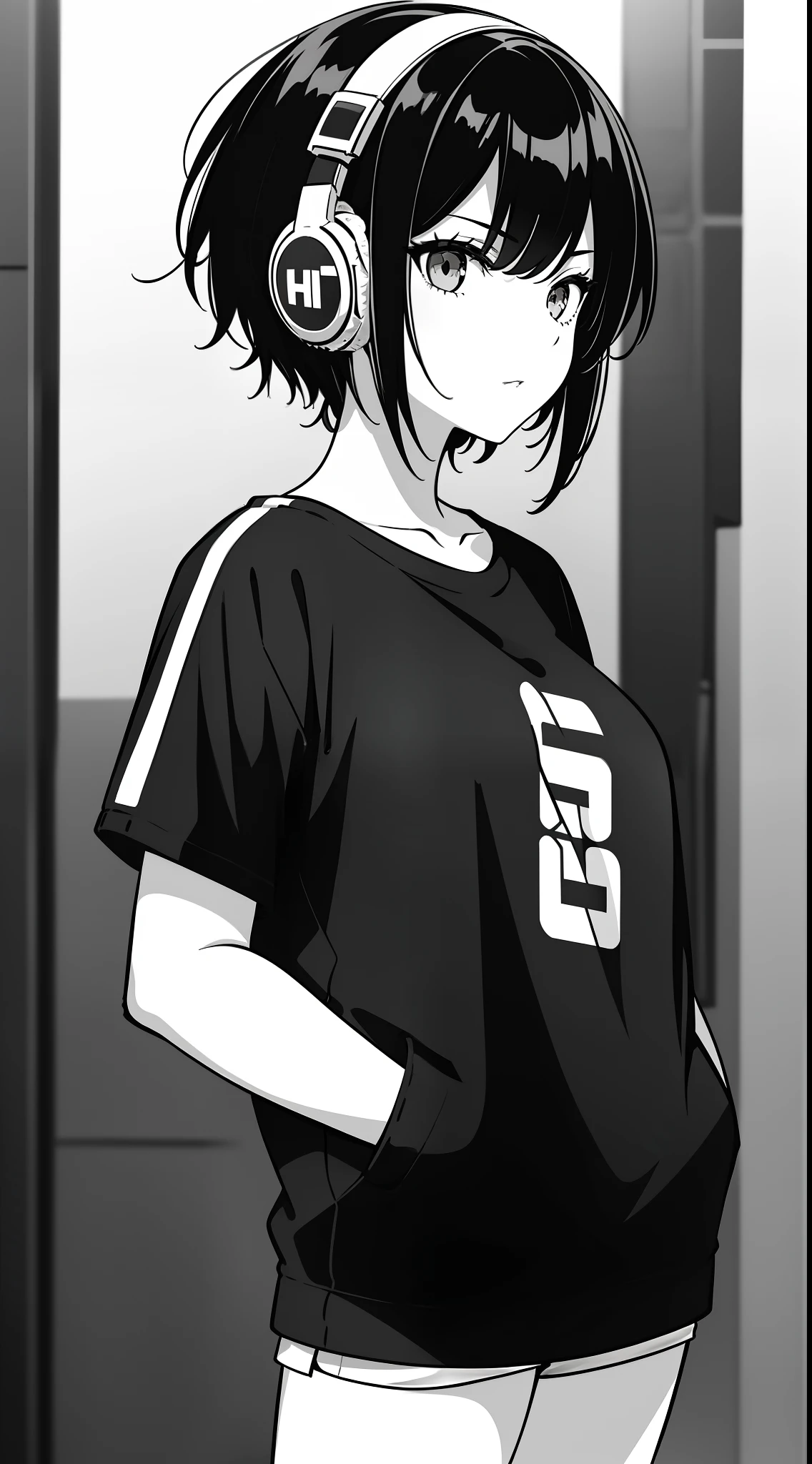 girl, side portrait, black and white, messy short hair, edgy accessories,sporty style, casual t-shirt, confident gaze, monochrome color scheme, looking to the side, chic street fashion, casual hands in pockets pose,head,((a person)),Over-ear headphones, large ear cups