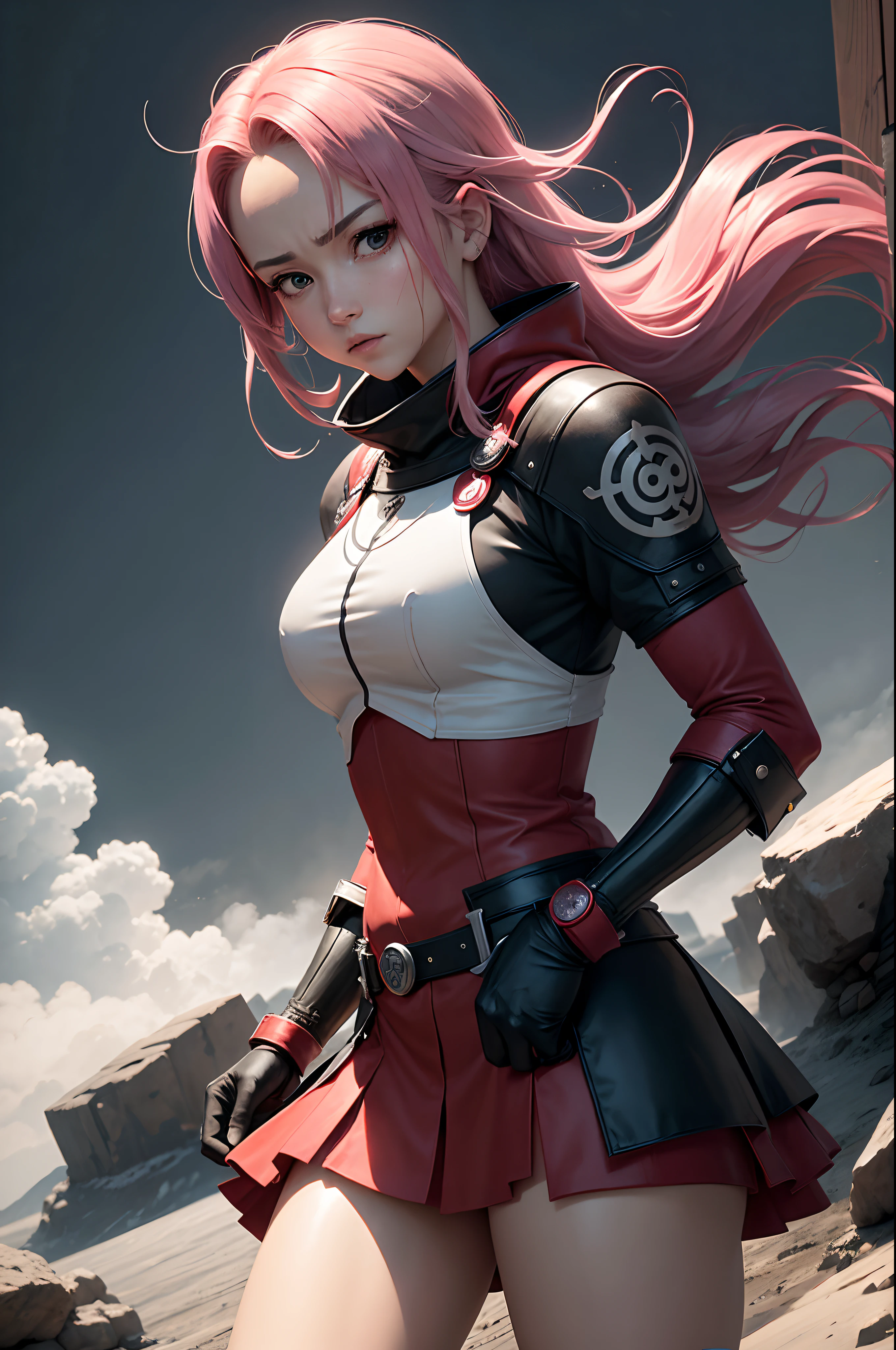 sakura haruno, um ninja determinado e compassivo da vila de Konoha, is in his recognizable red outfit, symbolizing his fiery spirit. His green eyes sparkle with intelligence, e seu cabelo rosa flui como uma bandeira de batalha."
[3] com "The background is a void of pure black, a stark contrast that emphasizes Sakura's presence, as if on the precipice of an abyss, highlighting the isolation of his warrior trajectory."
[4] com "The weather is intense and severe, reflecting Sakura's determination and willpower. It evokes a sense of inner strength and focus."
[5] com "The atmosphere is heavy and mysterious, cheio de expectativa. O contraste gritante entre Sakura e o fundo preto cria um tom de suspense e drama." --auto