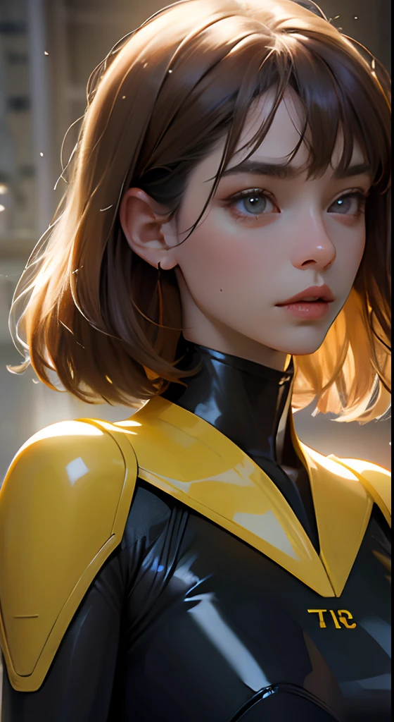 PM, (Brown Latex Suit:1), Golden Fringe Shorthair, Light brown eyes, 1girl in, 20yr old, Innocence, (Photorealsitic), (masterpiece, :1.3),(top-quality:1.4), (超A high resolution:1.2), 超A high resolution, (A detailed eye), (detailed facial features), nffsw, 8K分辨率, (lensflare:0.7),Colossal tits