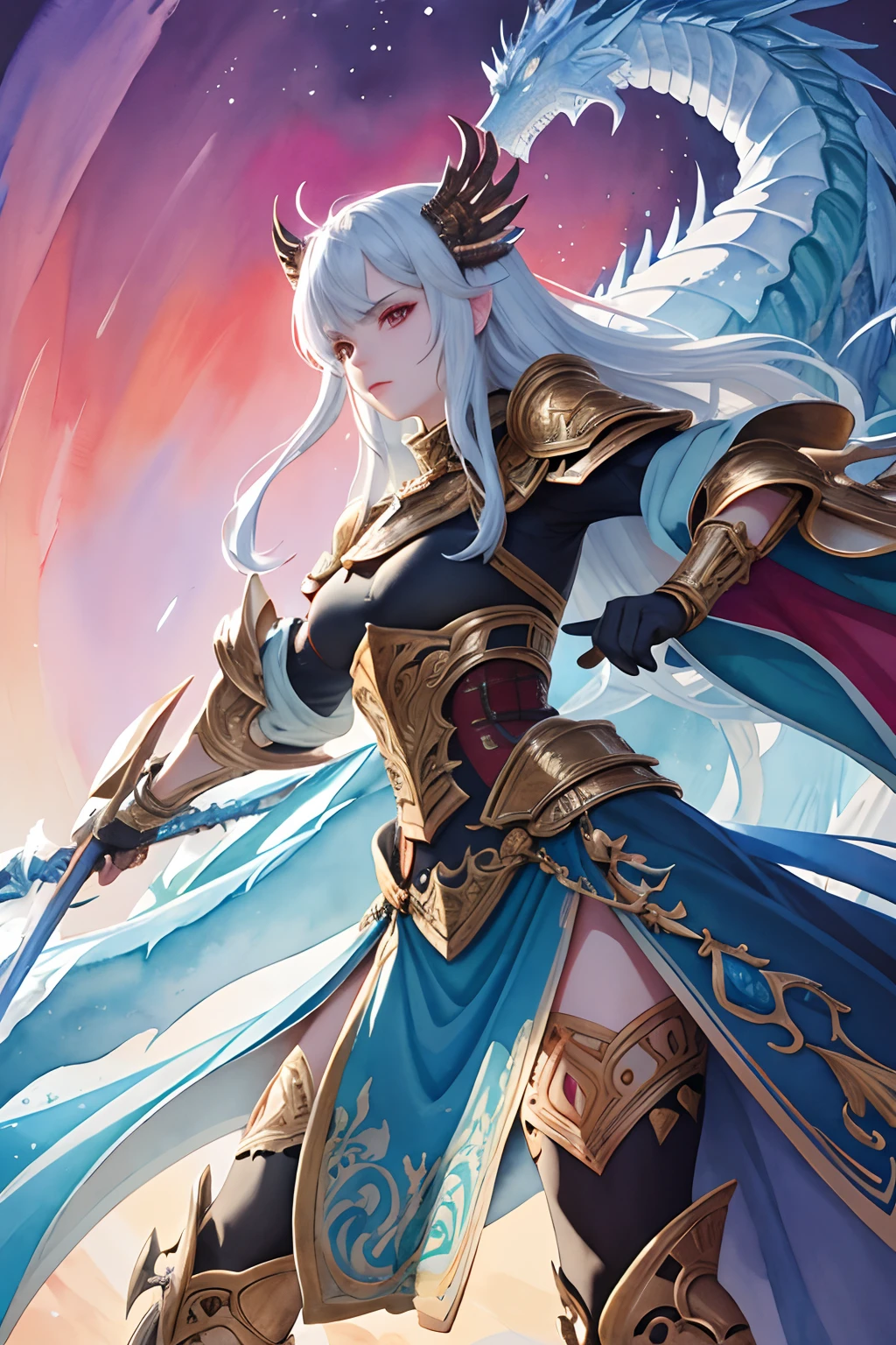 A warrior fighting a dragon god in a fantasy world. The warrior is wearing a silver armor and wielding a flaming sword. The dragon god is huge and has golden scales and red eyes. The background is a dark forest with a full moon in the sky. (masterpiece, top quality, best quality, official art, beautiful and aesthetic:1.2), (1girl:1.3), extreme detailed,colorful,highest detailed,(watercolour painting:1.3), optical mixing, playful patterns, lively texture, rich colors, unique visual effect