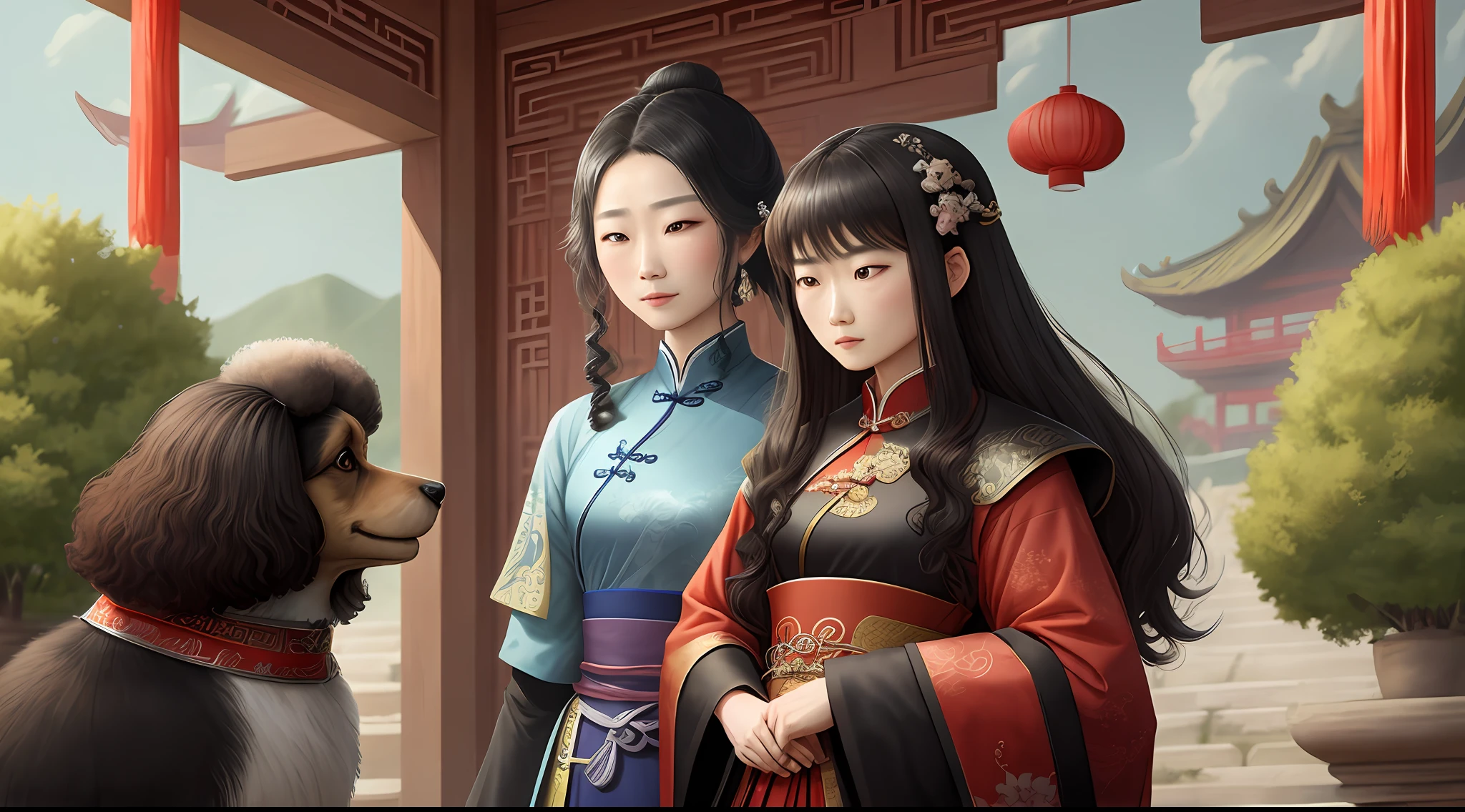 An ancient Chinese heroine holds a small black curly-haired poodle