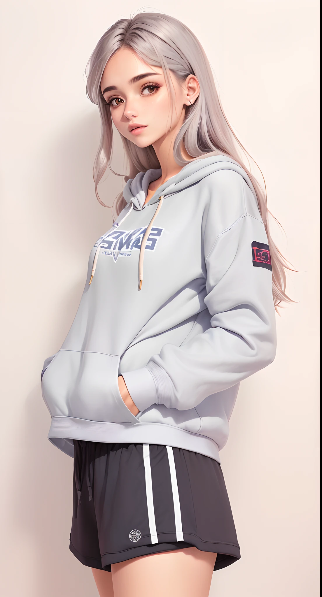 uma mulher linda com capuz cinza e shorts curto e folgado posando para uma foto, capuz cinza, capuz cinza,  vestindo capuz, capuz cinza claro aberto, grey jacket, Hodie Mihi Cras Tibi, Capuz cinza aberto, usando capuz, vestindo um moletom cinza com capuz, Foto de perfil, camisola cinzenta, Capuz, roupas esportivas fofas, cinza claro, wearing a hoodie and sweatpants