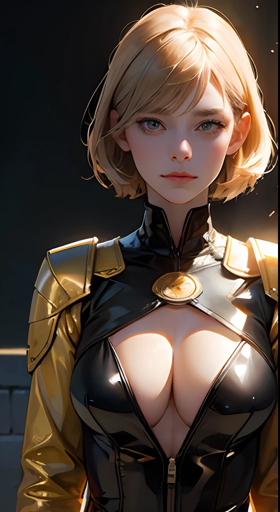 PM, (Brown Latex Suit:1), Golden Fringe Shorthair, Light brown eyes, 1girl in, 20yr old, Innocence, (Photorealsitic), (masterpiece, :1.3),(top-quality:1.4), (超A high resolution:1.2), 超A high resolution, (A detailed eye), (detailed facial features), nffsw, 8K分辨率, (lensflare:0.7),Colossal tits、full bodyesbian