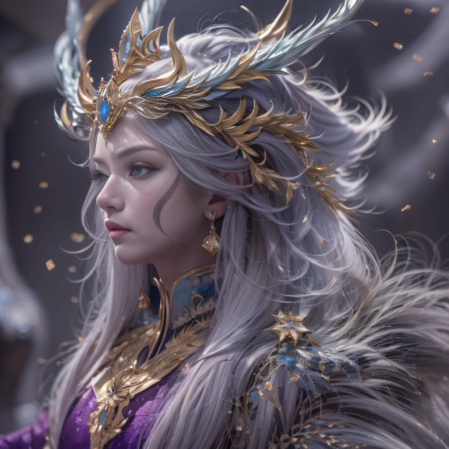 16k（tmasterpiece，k hd，hyper HD，16k）short detailed hair，Gold jewelry area in the back room，King Girl ，Silver Dragon Protector （realisticlying：1.4），Python pattern robe，Purple-pink tiara，Snowflakes fluttering，The background is pure，Hold your head high，Be proud，The nostrils look at people， A high resolution， the detail， RAW photogr， Sharp Re， Nikon D850 Film Stock Photo by Jefferies Lee 4 Kodak Portra 400 Camera F1.6 shots, Rich colors, ultra-realistic vivid textures, Dramatic lighting, Unreal Engine Art Station Trend, cinestir 800，Hold your head high，Be proud，The nostrils look at people