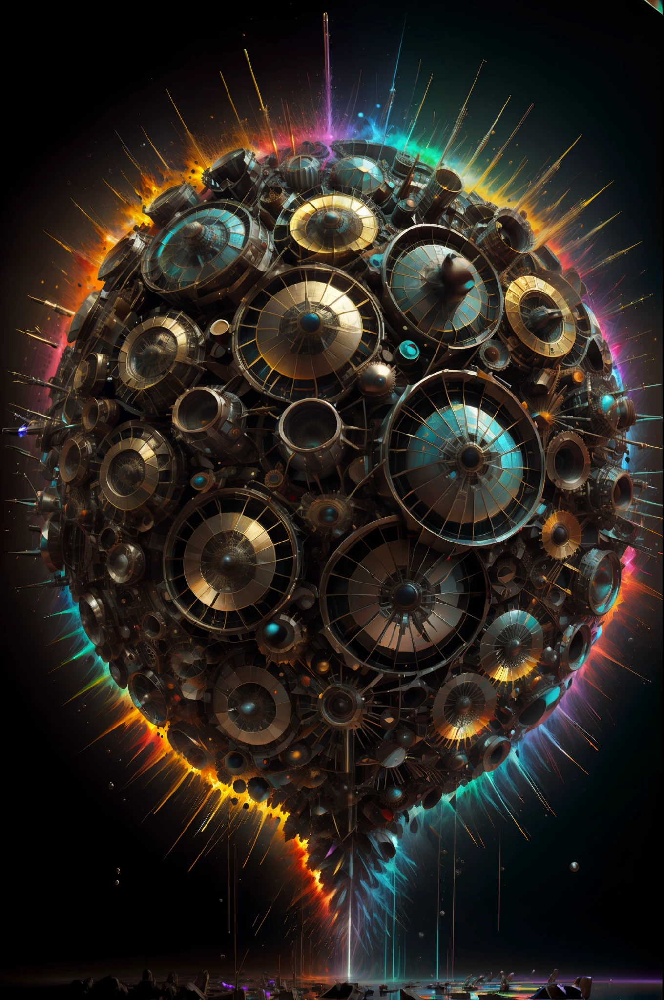 (cuenta regresiva, Explosion and take-off ),Arte de Alberto Severo, salpicaduras y gotas congeladas multicolores, dream, Pintura digital surrealista , brillos tornasolados, efectos 3D, Ultra HD, obra de arte magistral ,cinematic lighting,16k