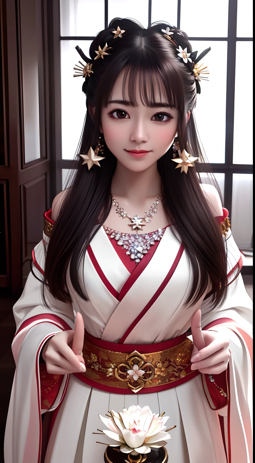 best quality, masterpiece, highres, 1girl,blush,(seductive smile:0.8),star-shaped pupils,china hanfu,hair ornament,necklace, jewelry,Beautiful face,upon_body, tyndall effect,photorealistic, dark studio, rim lighting, two tone lighting,(high detailed skin:1.2), 8k uhd, dslr, soft lighting, high quality, volumetric lighting, candid, Photograph, high resolution, 4k, 8k, Bokeh
