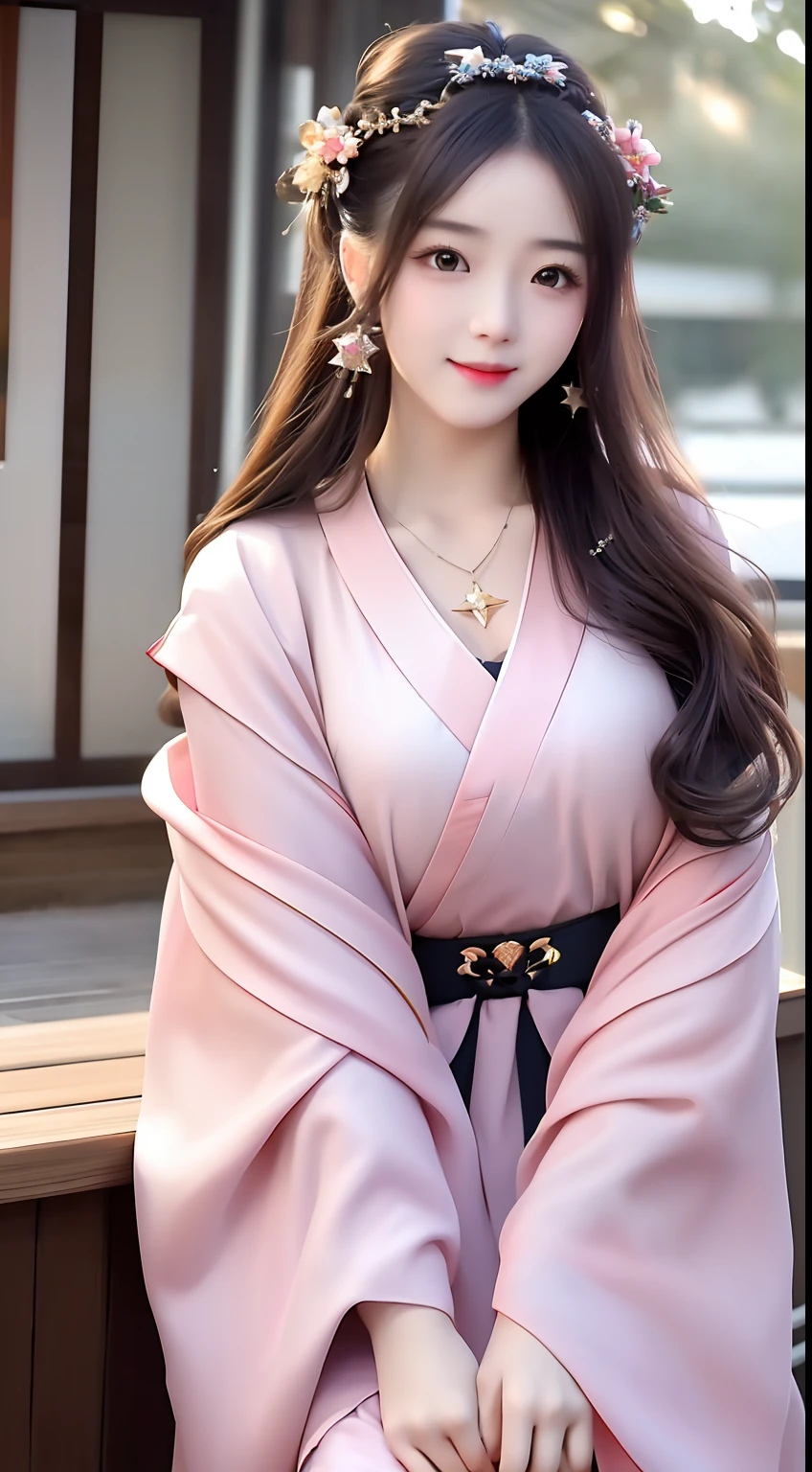 best quality, masterpiece, highres, 1girl,blush,(seductive smile:0.8),star-shaped pupils,china hanfu,hair ornament,necklace, jewelry,Beautiful face,upon_body, tyndall effect,photorealistic, dark studio, rim lighting, two tone lighting,(high detailed skin:1.2), 8k uhd, dslr, soft lighting, high quality, volumetric lighting, candid, Photograph, high resolution, 4k, 8k, Bokeh