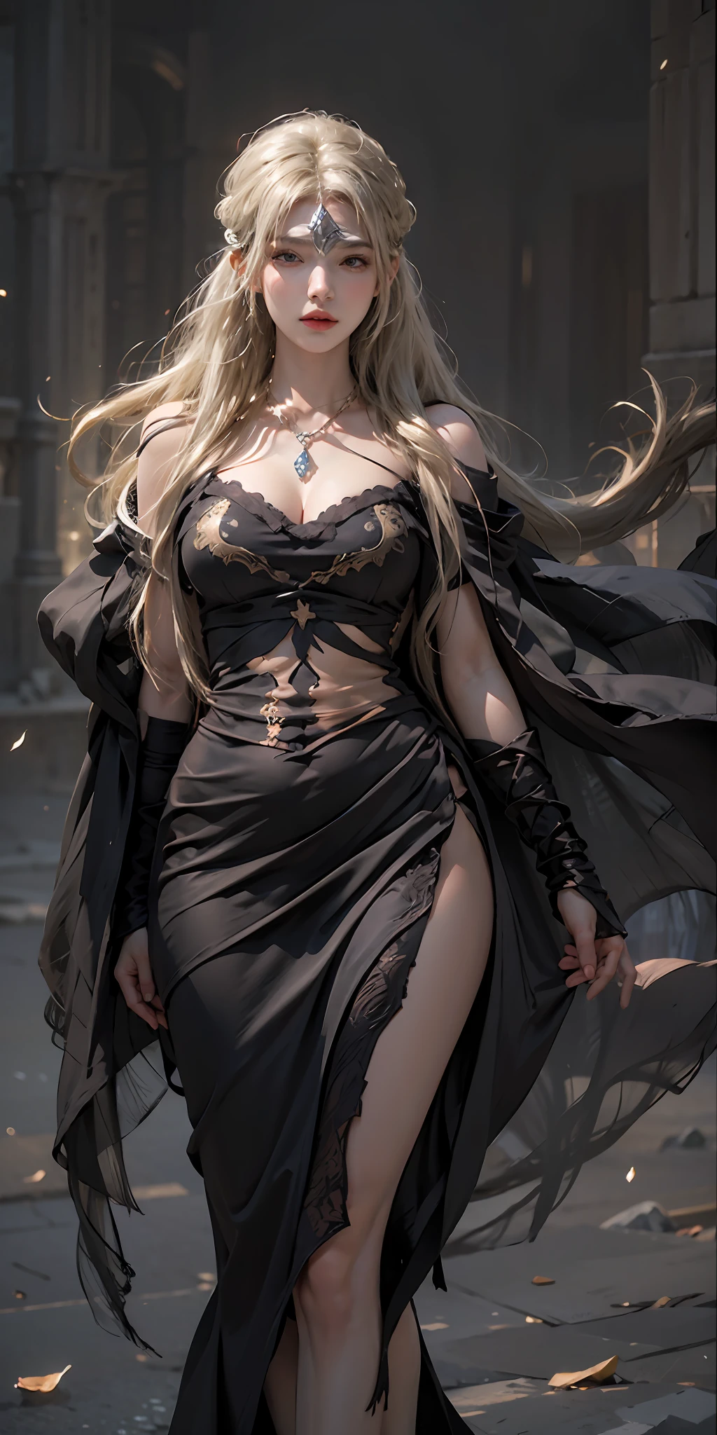 photorealistic, high resolution, soft light,1women, solo, hips up, look at viewer, (detailed face), long hair, blonde hair, covered eyes, eyes mask, blindfirekeeper, medium breasts, curvy, black dress, black capelet, bandaged arm, tattoo, jewelry