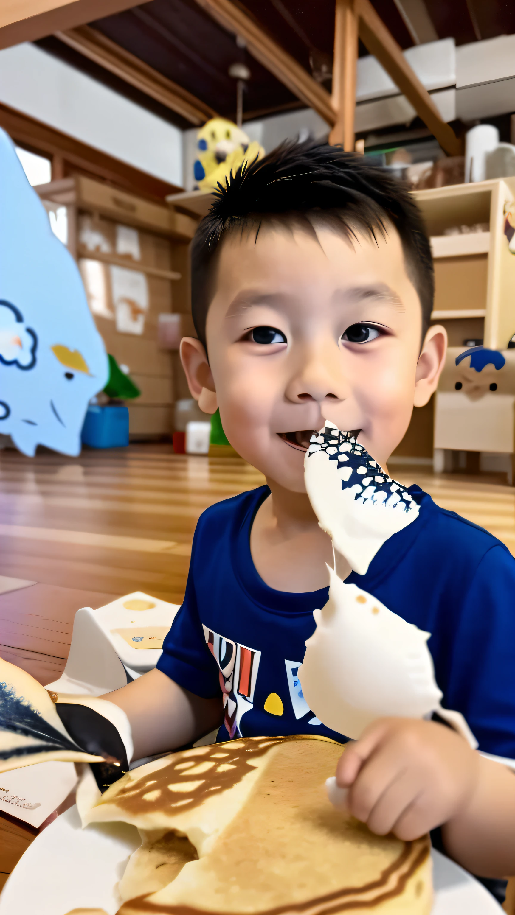 There was a little boy sitting on the floor eating a piece of food, having a snack, manta ray made of pancake, ???, kiddy big breasts, he is about 30 years old, he is about 3 0 years old, 2 years old, Ready to eat, he is about 2 5 years old, he is 3 5 years old