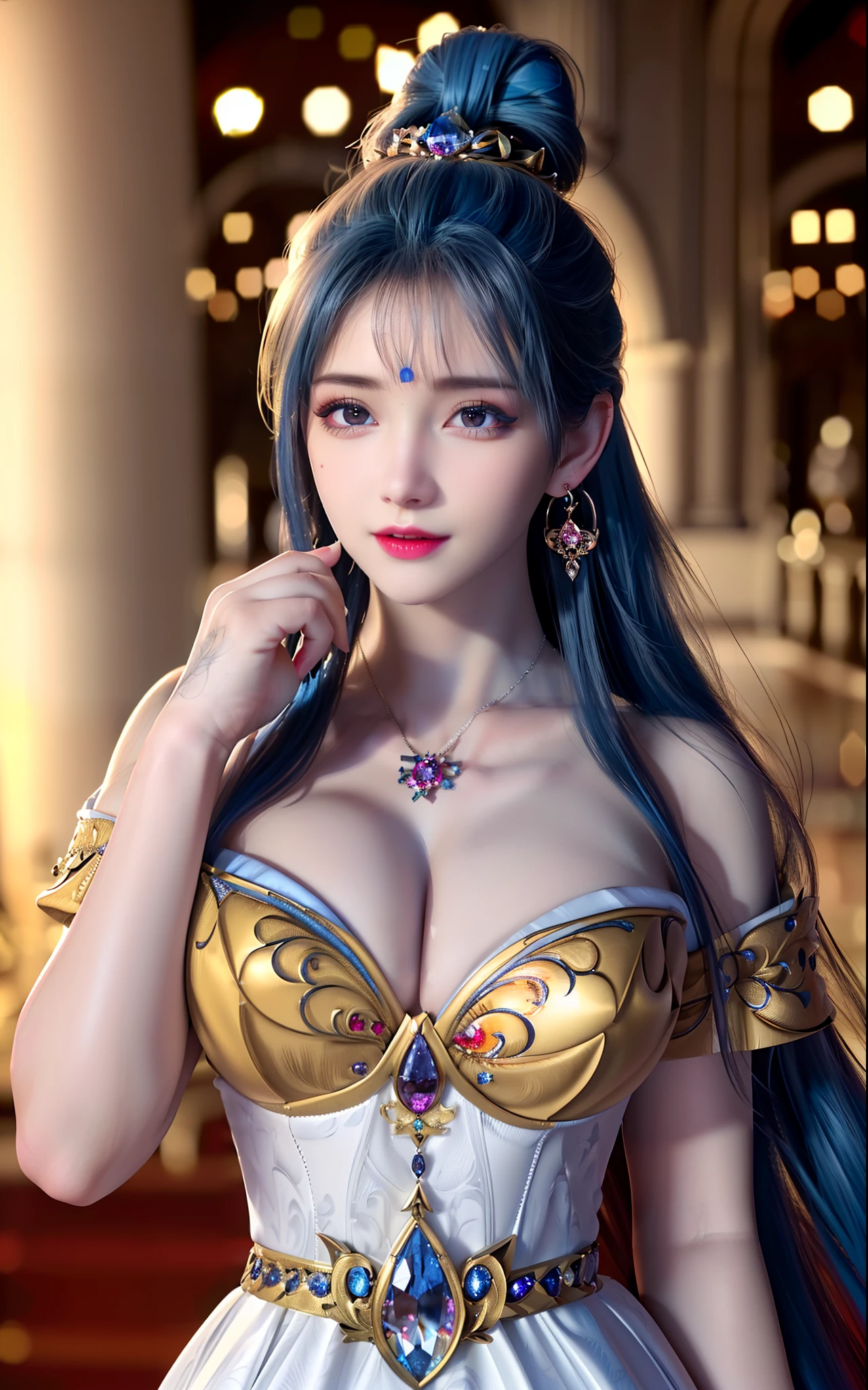 ((realisticity: 1.2)), ((realistic: 8K UHD)), ((best resolution: 8K UHD)), hyper detailed, best quality,masterpiece,highres,cg, ((1 girl hyper detailed and hyper realistic) ) , ((beautiful queen, hyper realistic and hyper detailed)),((white skin, beautiful, smooth, youthful, hyper realistic and hyper detailed )), ((Face hyper beautiful, white, hyper realistic and hyper detailed ) ), long hair, ((hyper realistic and hyper detailed dress)), solo, ((hyper realistic, hyper beautiful, beautiful and hyper detailed jewelry)), ((hyper beautiful deep red and golden yellow dress, hyper realistic and hyper detailed )) , ((Her pretty, hyper realistic, hyper detailed diamond filled earrings)), ((Her gorgeous diamond haircut, hyper realistic and hyper detailed)), ((hyper pretty upper body, hyper beautiful, hyper realistic and hyper detailed) ), ((medium breast: 1.5)), ((hyper realistic, hyper pretty, hyper detailed boobs)), ((the backgroun of the royal palace is hyper majestic, hyper realistic and hyper detailed)),((hands and palms hyper beautiful, hyper detailed, hyper realistic)), ((hyper detailed and hyper realistic fingers and fingernails)), ((hyper pretty, hyper pretty, hyper realistic and hyper detailed hair bun)), ((hyper pretty , hyper realistic and hyper detailed blue hair)), candid, Photo, high resolution, 8k , bokeh,