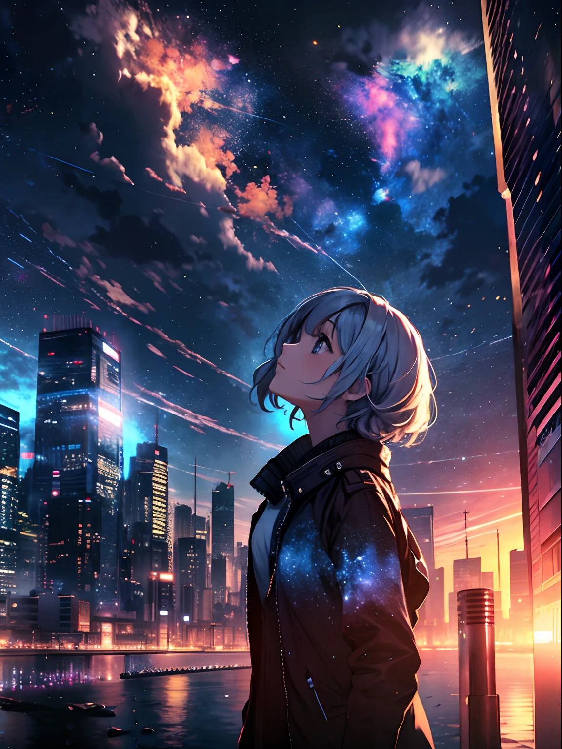 Girl, standing at the city, looking up into the space without boundaries, bright nebula, detailed image, detailed background