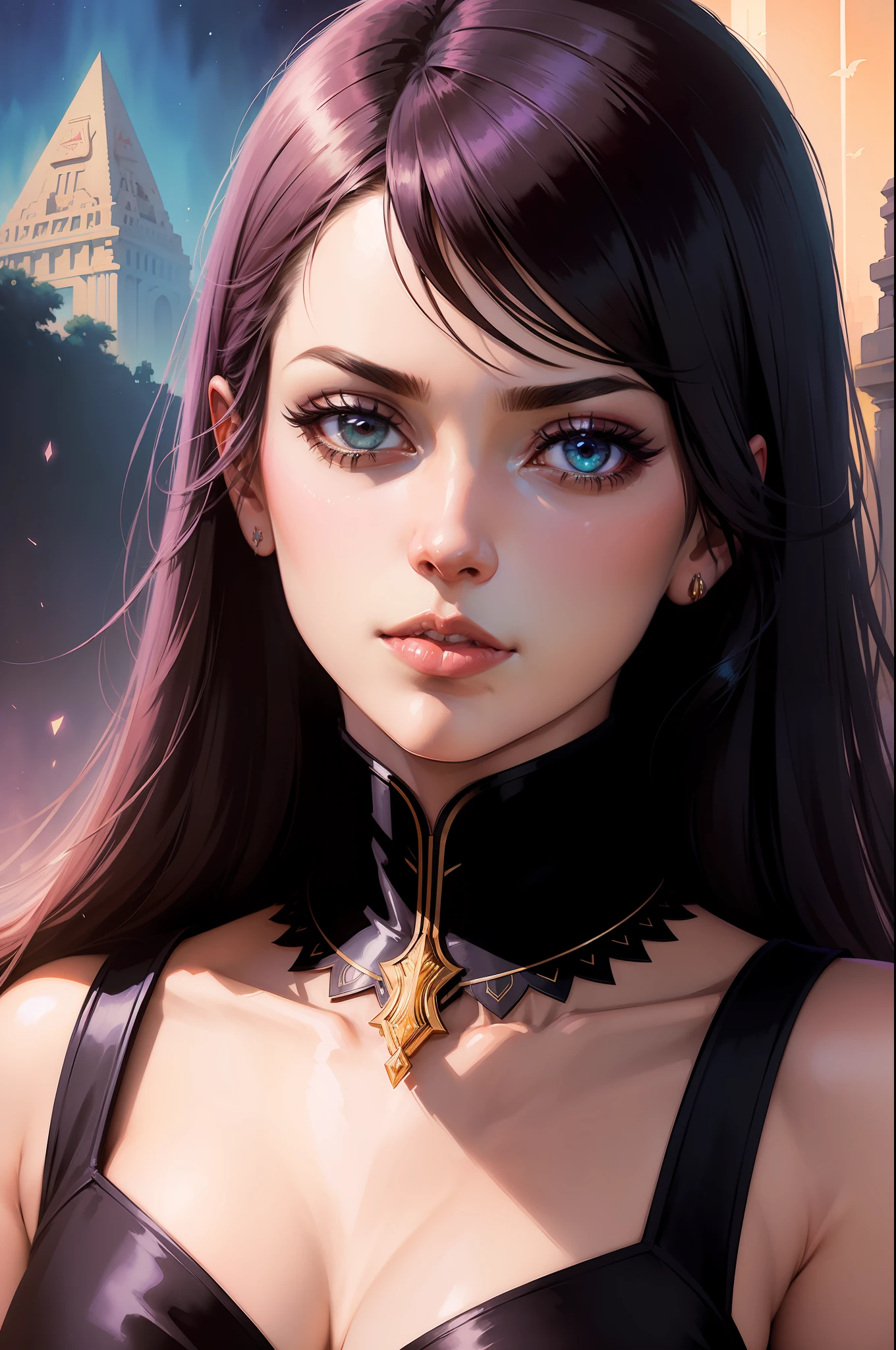 Anita in art-nouveau style. Pyramids background; 18mm portrait, sharpen focus, serious, watercolor, by Ilya kuvshinov sci-fi, colors, neon lights. detailed line art.