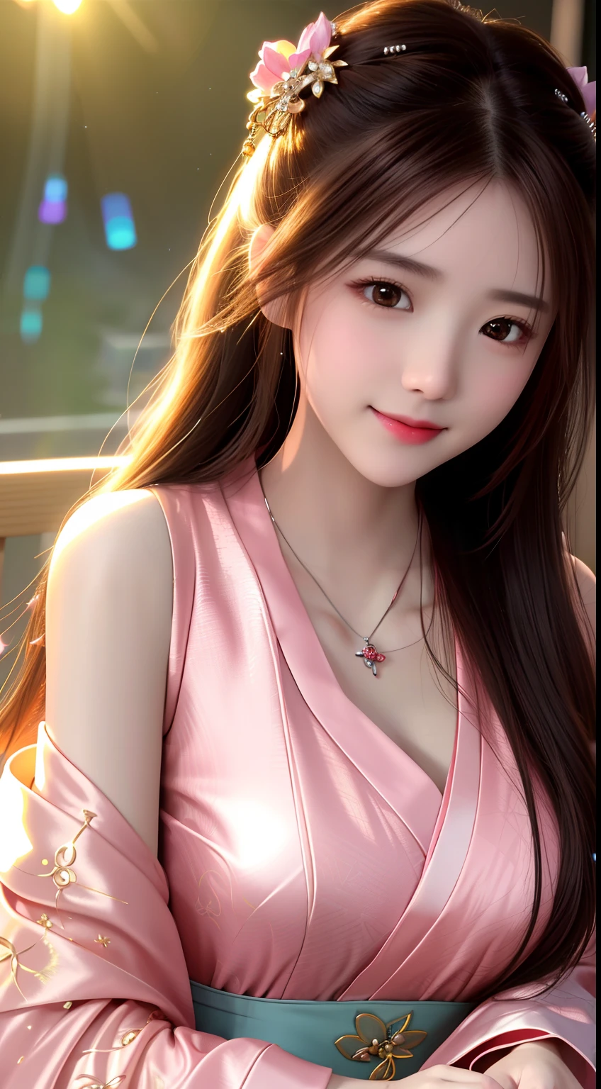 best quality, masterpiece, highres, 1girl,blush,(seductive smile:0.8),star-shaped pupils,china hanfu,hair ornament,necklace, jewelry,Beautiful face,upon_body, tyndall effect,photorealistic, dark studio, rim lighting, two tone lighting,(high detailed skin:1.2), 8k uhd, dslr, soft lighting, high quality, volumetric lighting, candid, Photograph, high resolution, 4k, 8k, Bokeh