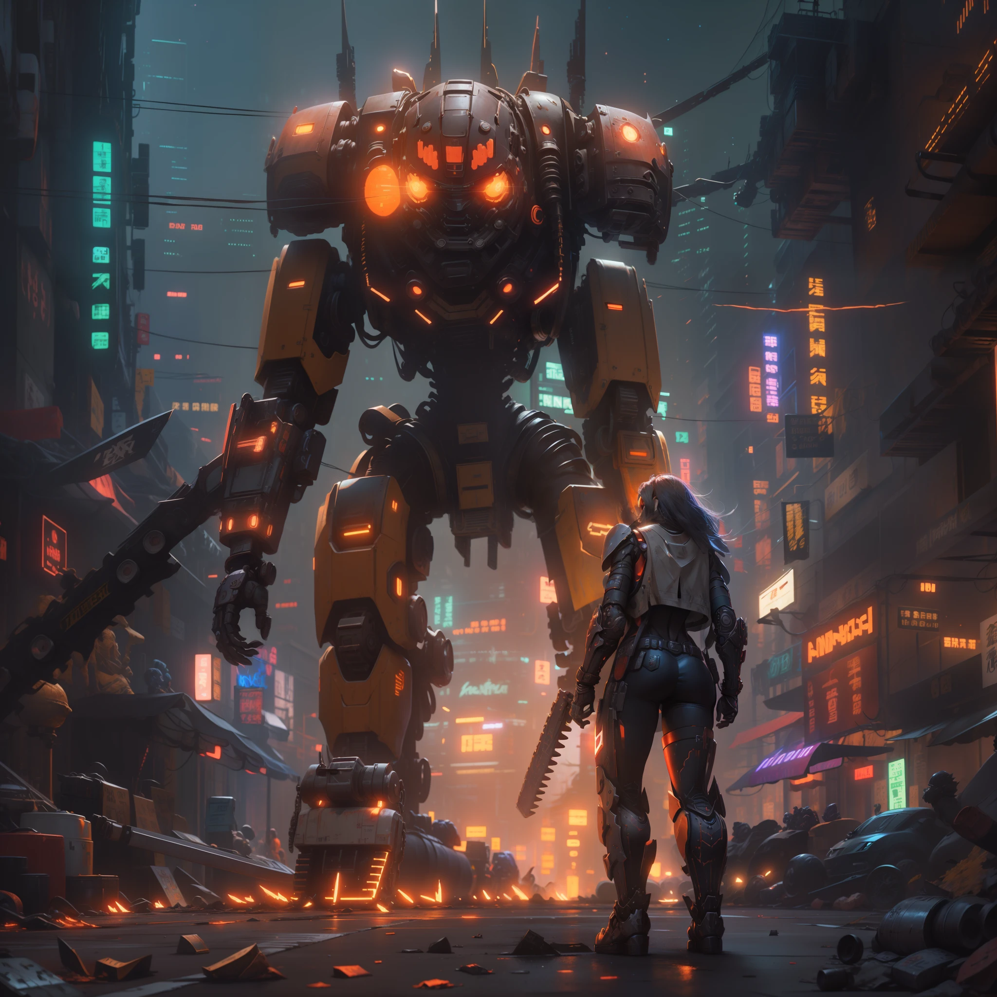 On the moon, barren planet, ruins, holding weapons, no humans, glowing, robot, building, glowing eyes, orange mech, science fiction, city, reality, mecha, galaxy background, full body, neon, cyber Punk, 8K wallpapers, ultra-detailed artwork, cinematic lighting, realistic photos, Dark_Fantasy, Cyberpunk, (chain saw, chain saw man, Red: 1.1), 1man, Mechanical marvel, Robotic presence, Cybernetic guardian, wearing a worn-out machine armor suit, intricate, (steel metal [rust]), elegant, sharp focus, photographed by greg rutkowski, soft lighting, vibrant colors, masterpiece, ((street)), cowboy shot, dynamic pose,